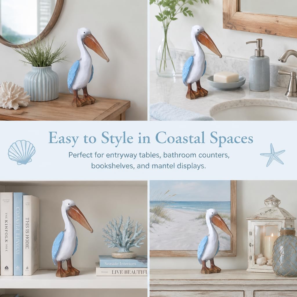 Delicate Moment Coastal Pelican Decor Figurine, Resin Nautical Beach Bird Statue, Ocean Style Home Ornament for Shelf Desktop Mantel Decoration Gifts