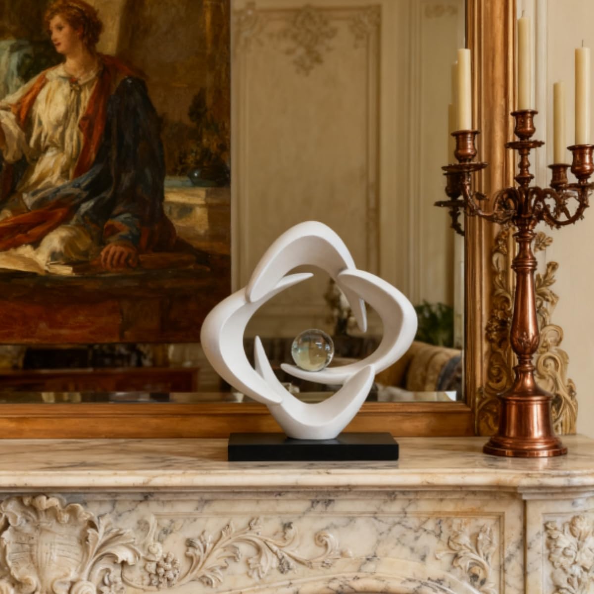 XGZY Abstract Flame Art Statue-Modern Home Decor Table &Book Shelf-with Glass Ball (10.43in Tall Figurine) (White B)