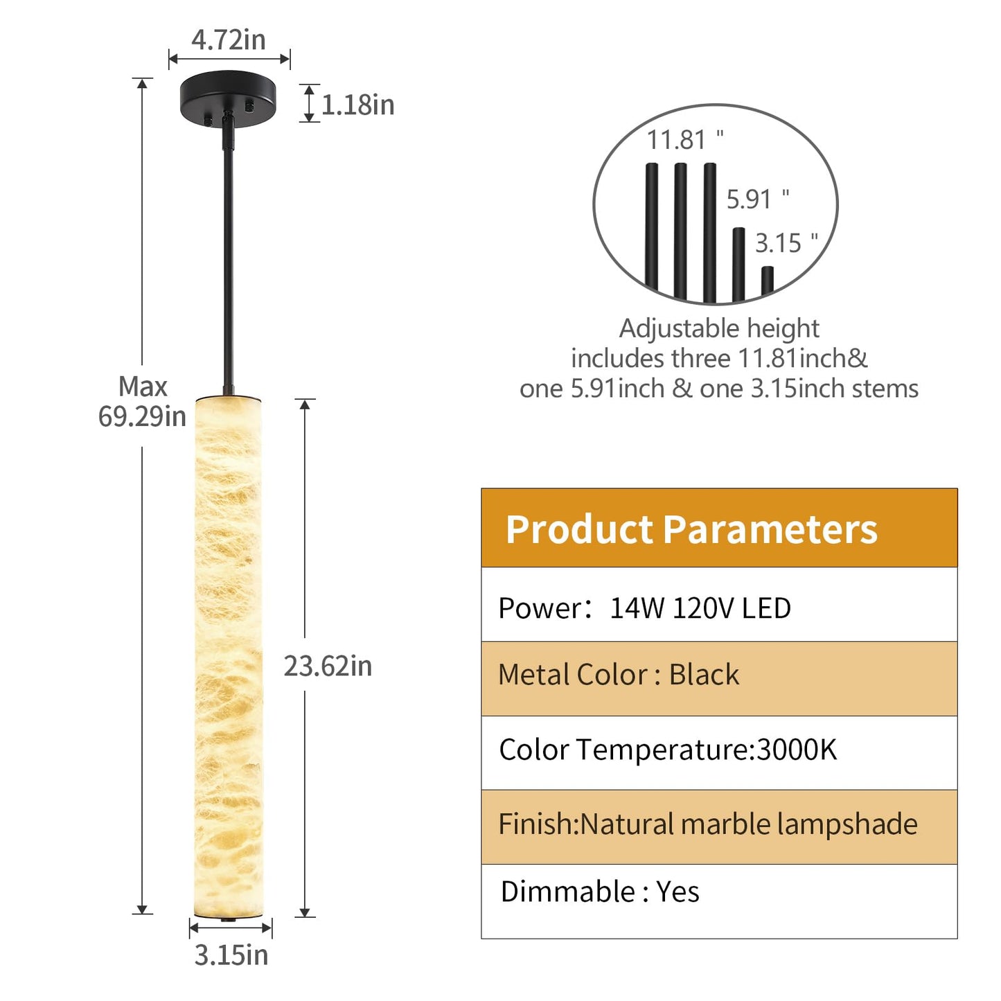 LMQNINE Natural Alabaster Pendant Lights White Marble 24" Long Tube Adjustable Boom Chandelier Modern 3000K Black Ceiling Light for Kitchen Island Bedroom Dining Room Living Room Hallway(M-2Pack)