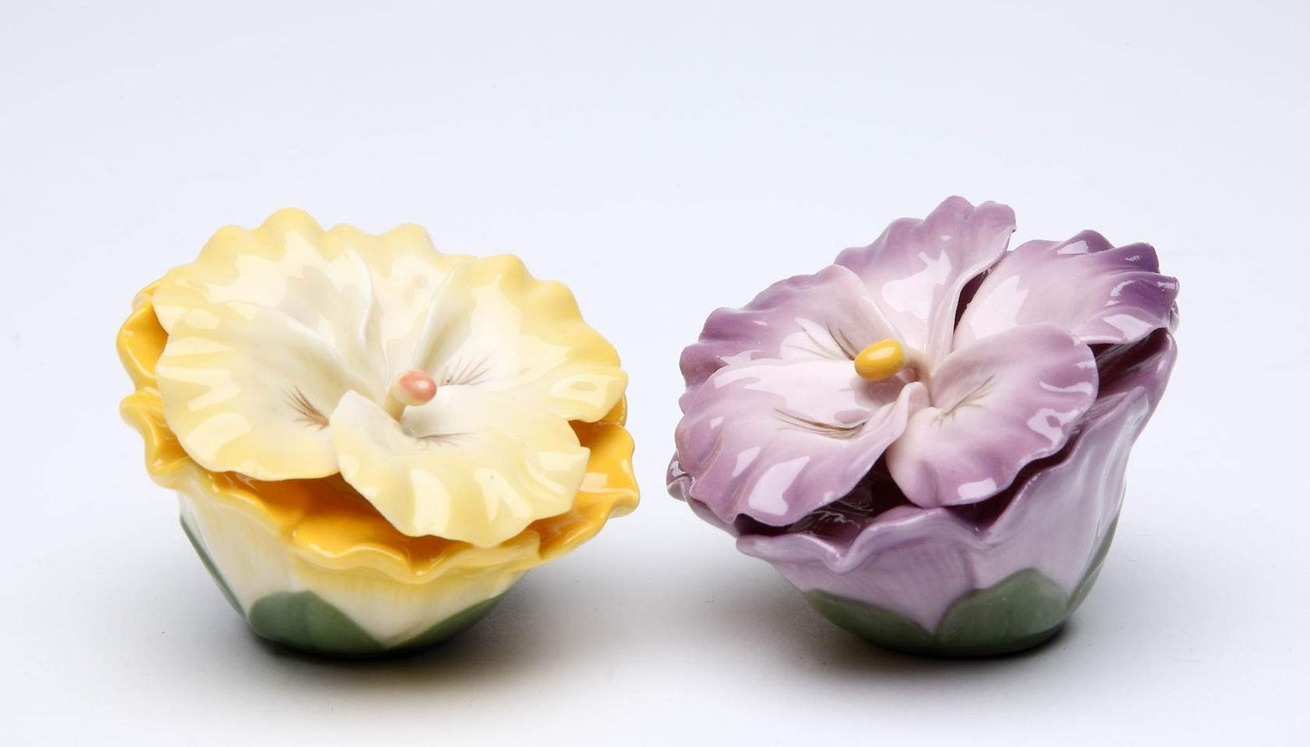 Fine Porcelain Hand Painted Yellow & Purple Colorful Pansy Flowers Salt & Pepper Shakers Set, 2-3/4"