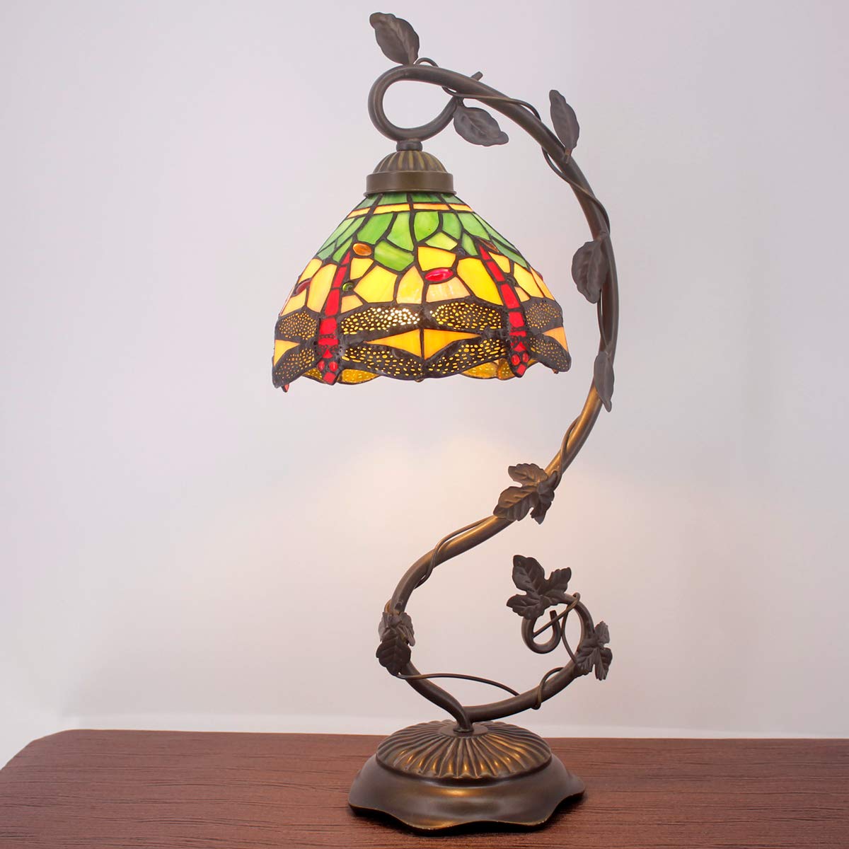 WERFACTORY Tiffany Lamp Green Yellow Stained Glass Dragonfly Style Table Lamp Metal Leaf Base 8X10X21 Inches Desk Light Decor Small Space Bedroom Home Office S009G Series
