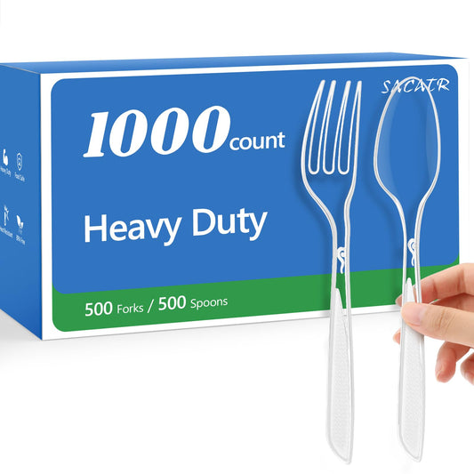 SACATR 1000 Count Plastic Silverware Heavy Duty -500 Forks, 500 Spoons，BPA-Free,Heat Resistant Disposable Plastic Spoons Bulk, Solid Durable Premium Cutlery for Parties, Events and Everyday Use
