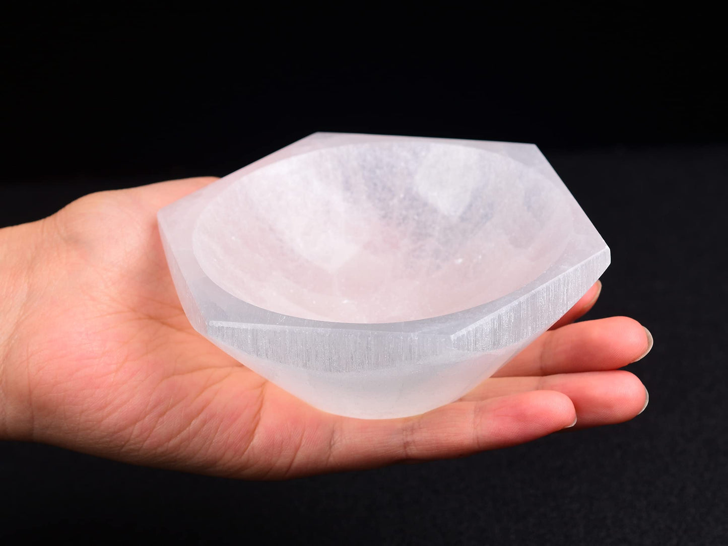 AMOYSTONE Natural Hexagon Selenite Bowl for Crystals 4'' Energy Cleansing Plate for Healing Meditation and Spiritual Home Decor