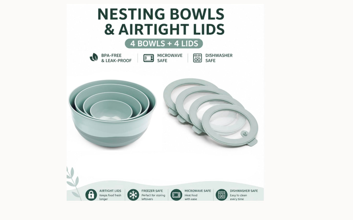 Fizu Home Pera Airtight Mixing Bowls with Lids, 8-Piece BPA-Free Nesting Prep Bowl Set for Kitchen & Food Prep, Large 4200ml Capacity, Microwave & Dishwasher Safe