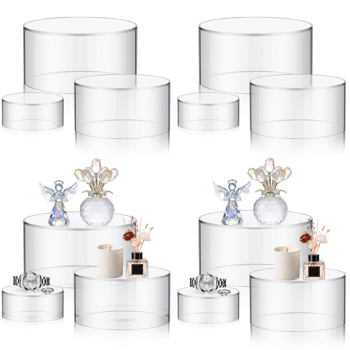 Jerify 12 Pcs Acrylic Risers Display Stands, 5.91'' 5.12'' 3.54'', Clear Round Nesting Pedestal Shelf with Hollow Bottom for Tabletop Jewelry Display, Table Centerpiece, Food Risers for Party, 3 Sizes