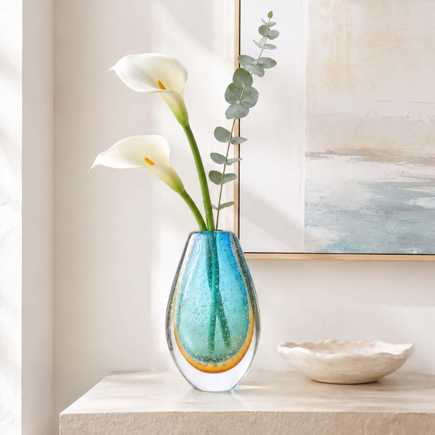 Decorative Glass Flower Vases Blown Vase for Home Decor Living Room Dining Room Shelf Mantel Tabletop Centerpiece Modern Art Deco Style Unique (Green)