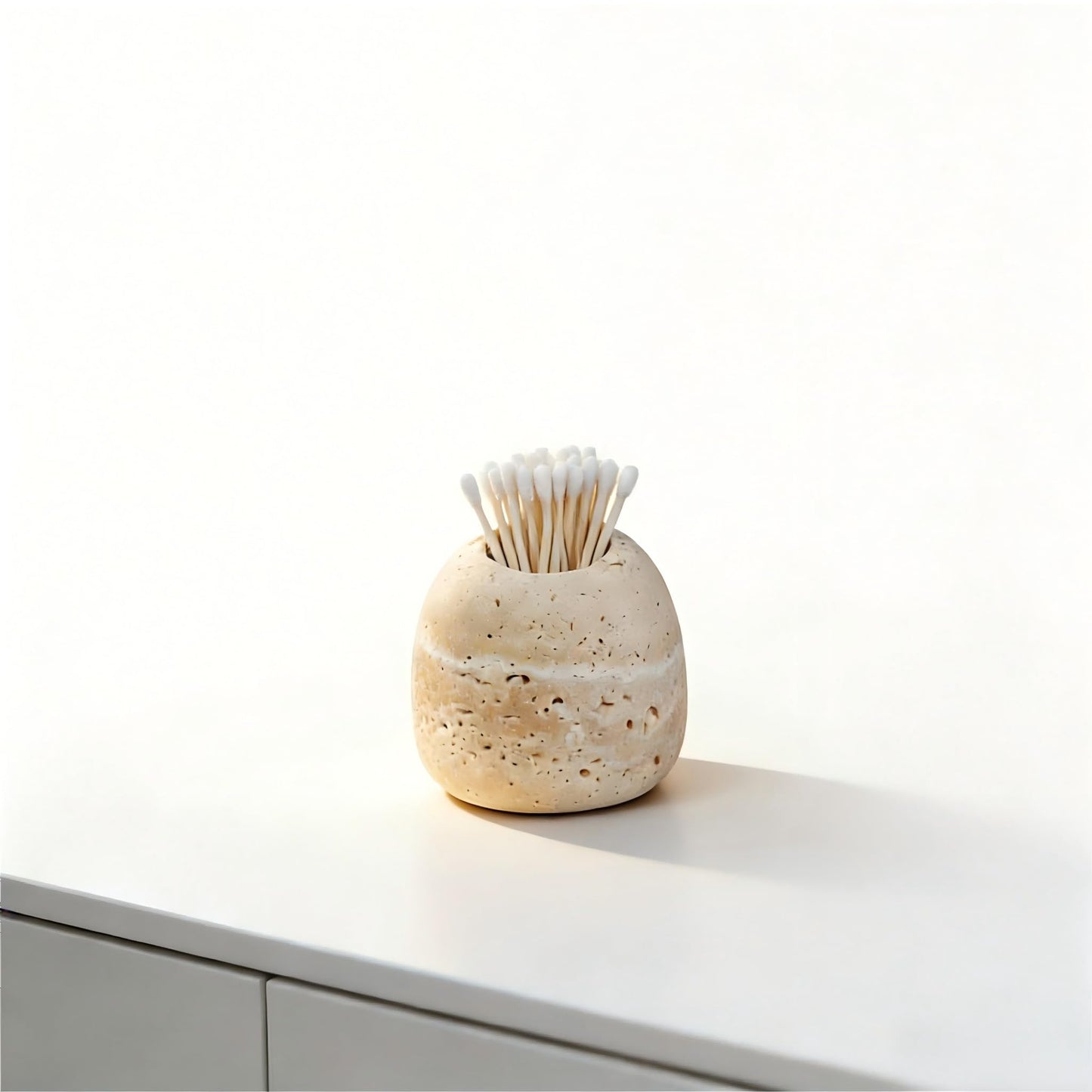 SIRIZEN-DIVING Travertine Cotton Swab Holder, Small Natural Stone Bathroom Cup for Q Tips, Matches, Toothpicks and Vanity Counter Decor, Beige