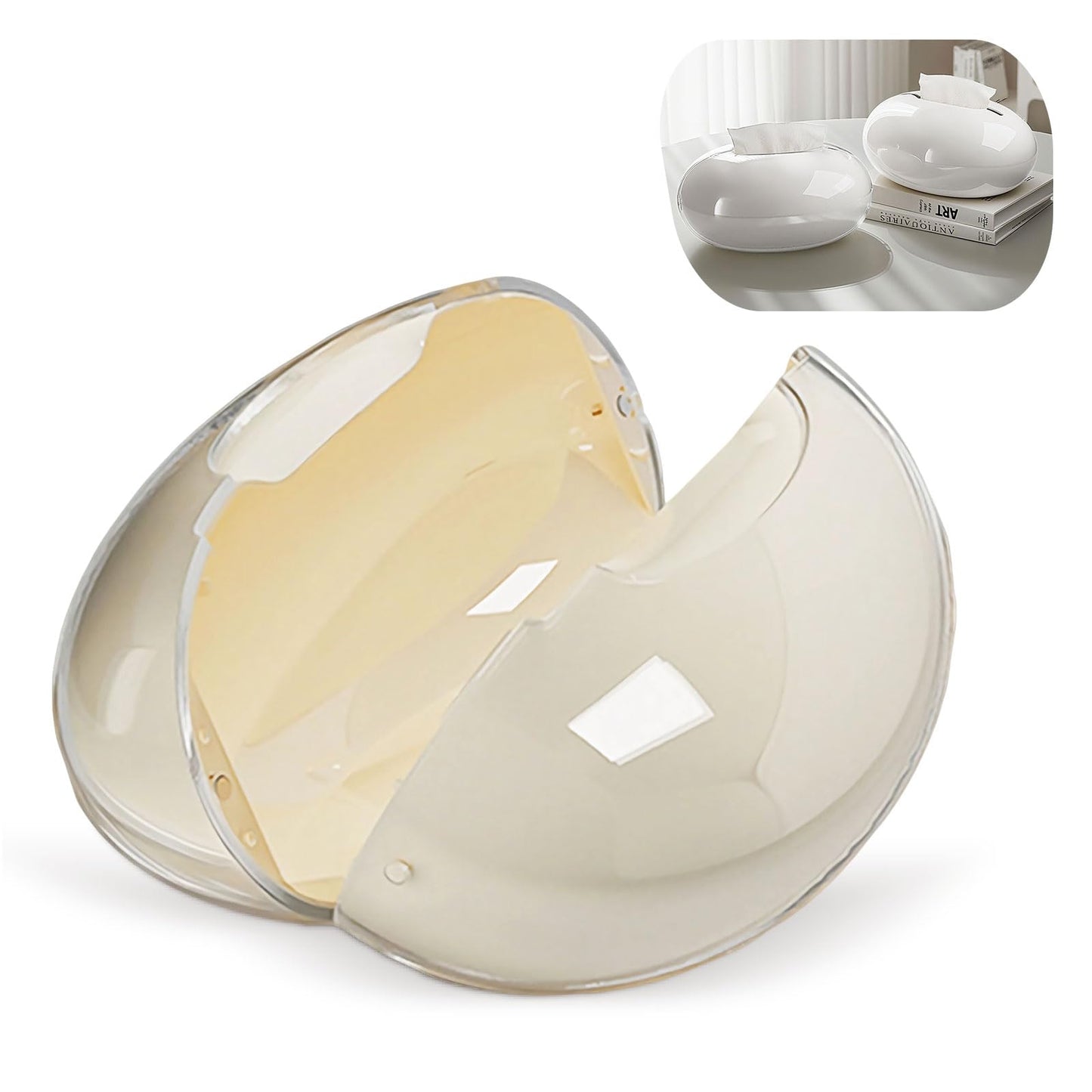 Modern Tissue Box Cover for Home and Office – Magnetic Lid Oval Tissue Holder, Inside Dimensions 8.07" × 5.91" × 3.44", Decorative Clear Double-Layer Plastic, Luxe Home Decor (Cream)