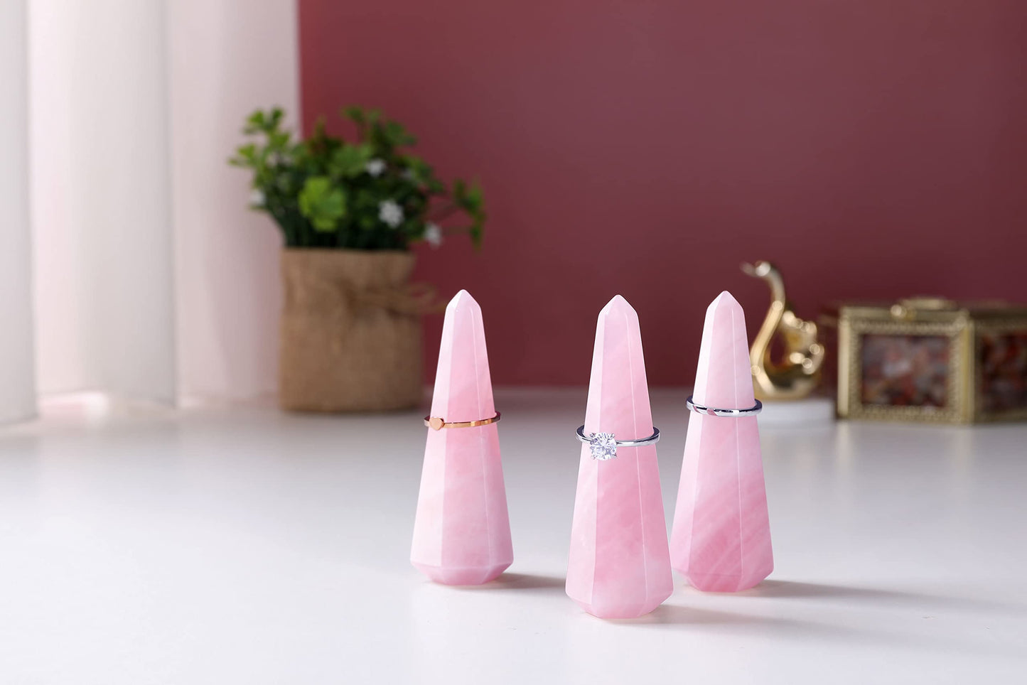 Jovivi Natural Rose Quartz Crystal Stone Jewelry Display Holder - Hexagon Prism Shaped Decorative Wedding Ring Stand