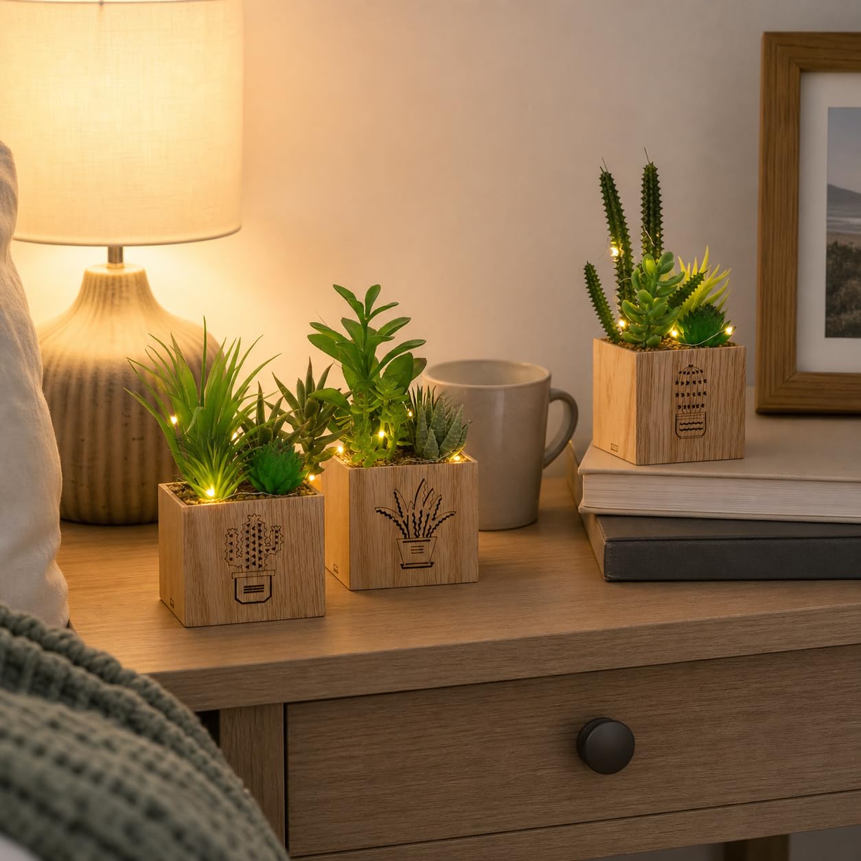 BEGONDIS Artificial Succulents with LED Lights, Set of 3 Fake Plants in Wooden Boxes for Indoor Home Decor, Desk, Shelf, Bedroom and Office
