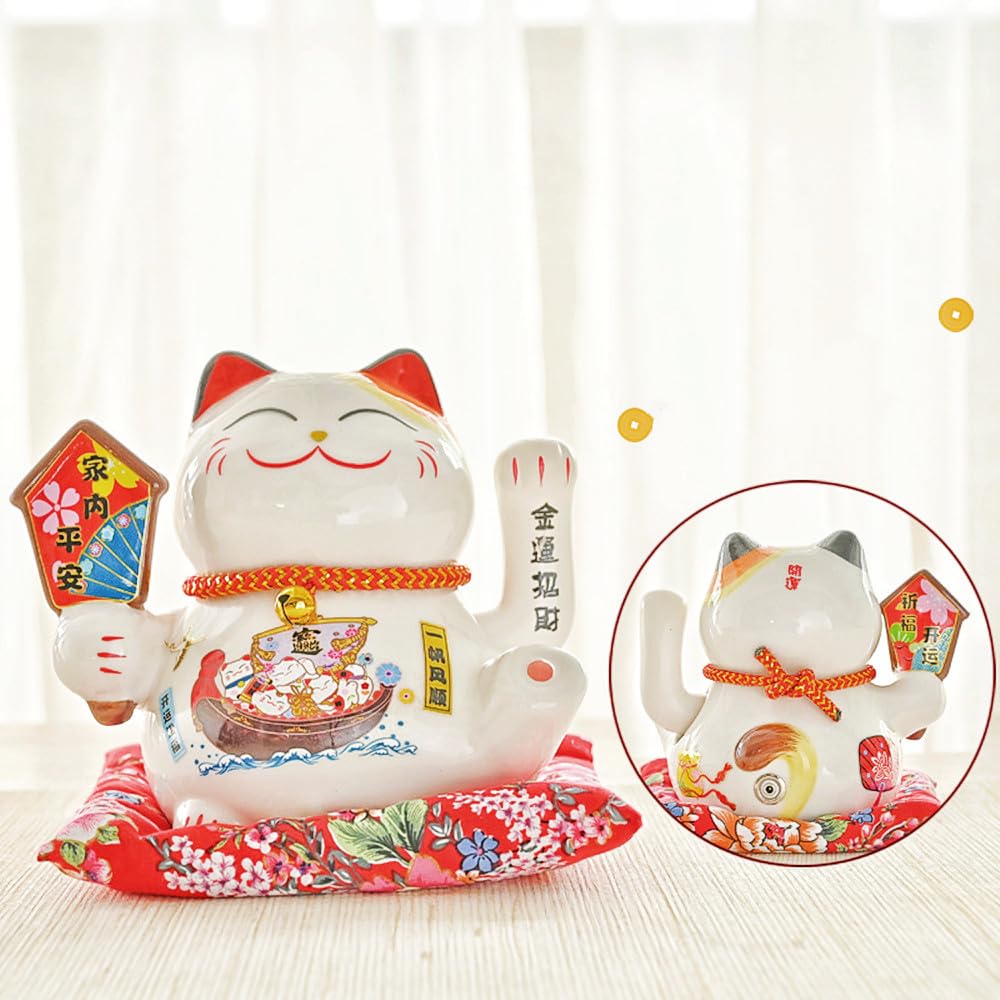 XIYUAN 7 Inch Waving Cat - Ceramic Japanese Lucky Cat, Feng Shui Decorative Desktop Ornament for Home or Office