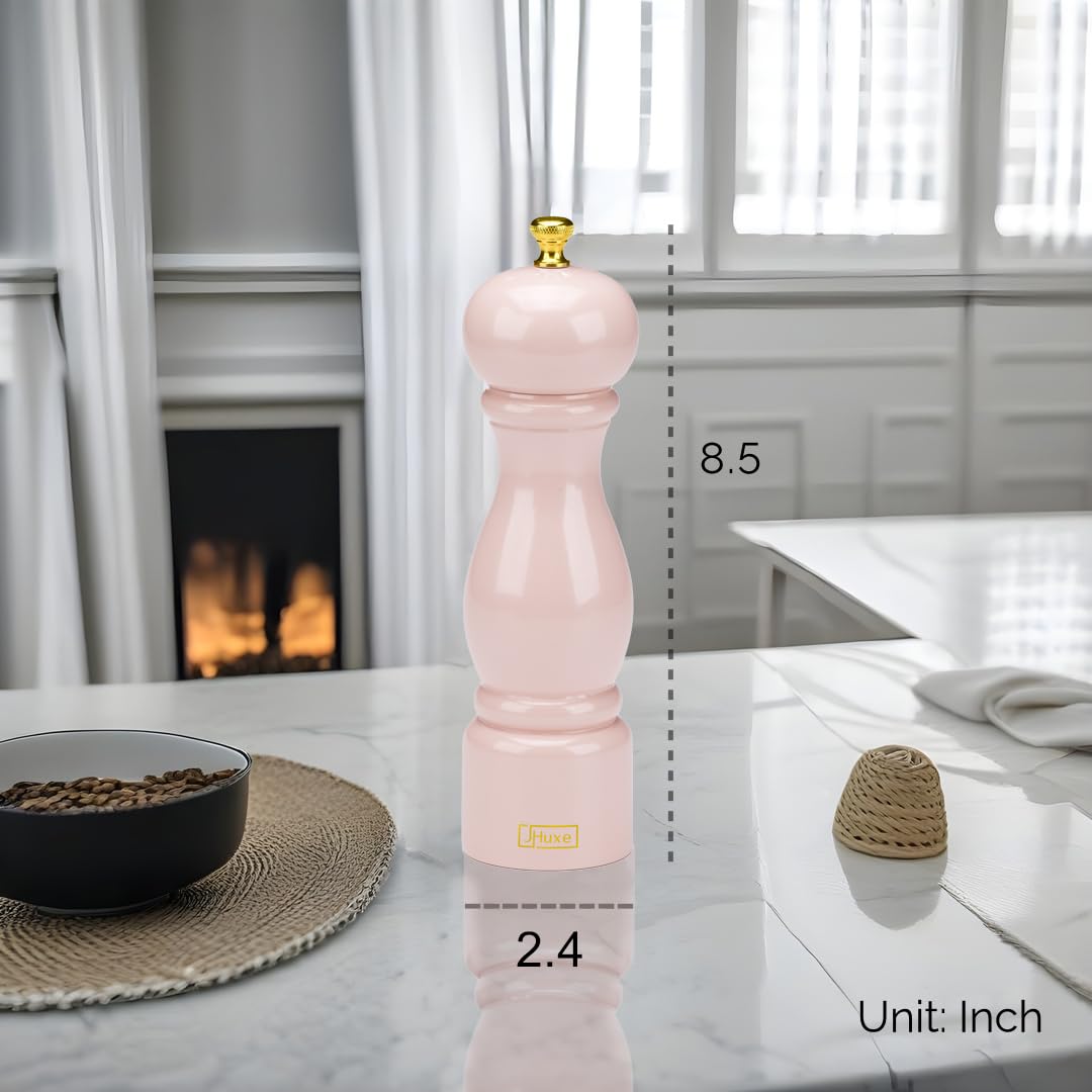 JHuxe Rose Pink Salt Pepper Grinder Mill, 8 Inch Classic Wood Manual Salt Pepper Grinder, Adjustable Wooden Peppermill, Refillable Pepper and Salt Mill, Best Kitchen Gifts for Mom from Daughter Son
