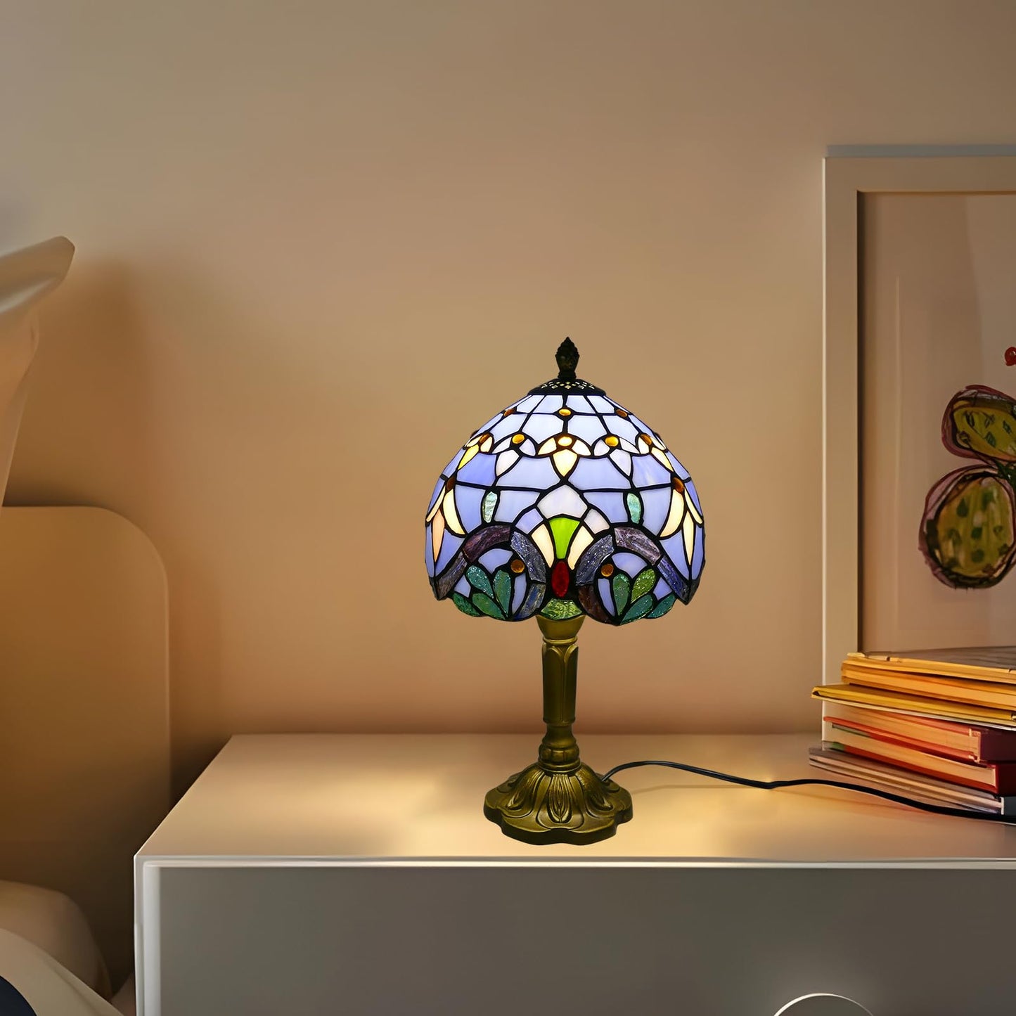 VirtueKing Tiffany Table Lamp Blue Baroque Handmade Stained Glass Desk Lamps 8" Wide 15" Tall Vintage Reading Lamp for Office, Living Room, Bedroom, LED Bulb Included
