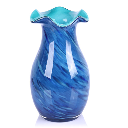 10.6in Hand Blown Blue Glass Vase – Wide Mouth Murano Bubble Art Glass Vase, Cobalt Blue Flower Vase for Coastal, Vintage, Colorful Home Decor, Vase Gift for Mom or Display (Blue)