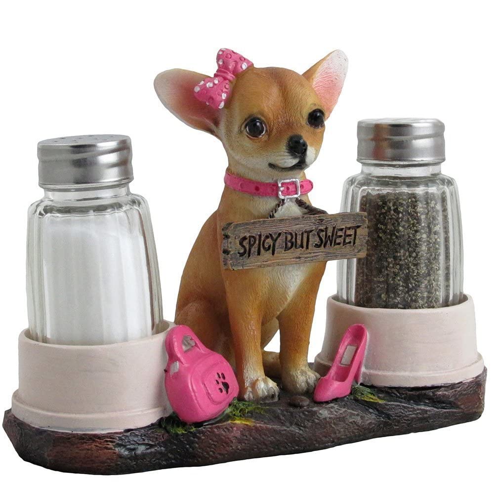 Pretty in Pink Girl Chihuahua Glass Salt and Pepper Shaker Set with Holder Figurine in Dog Statues & Sculptures and Decorative Southwestern Kitchen Decor Gifts