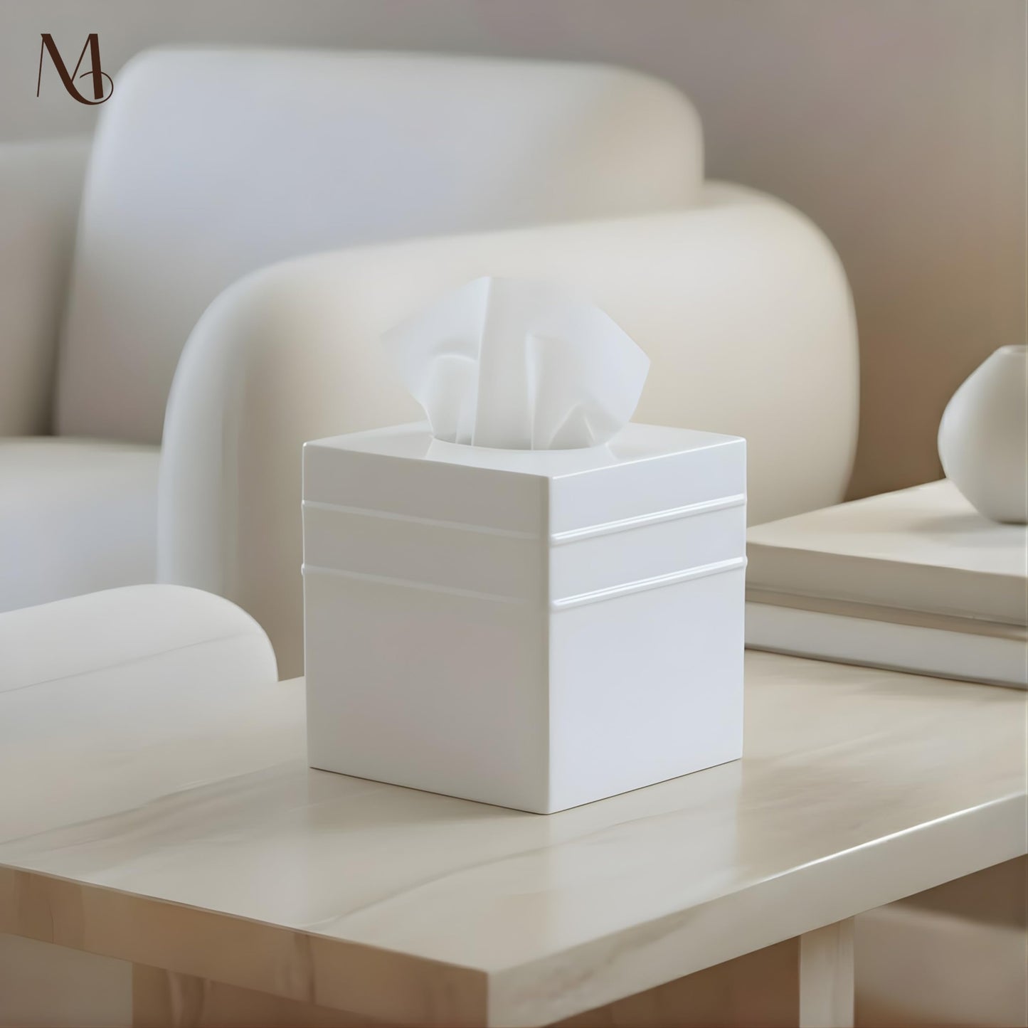 Monarch Abode Tissue Box Cover Square – Handcrafted Border Embossed White Metal Tissue Holder Box for Bathroom Accessory, Aesthetic Decorative Facial Napkin Cube for Modern Home Decor