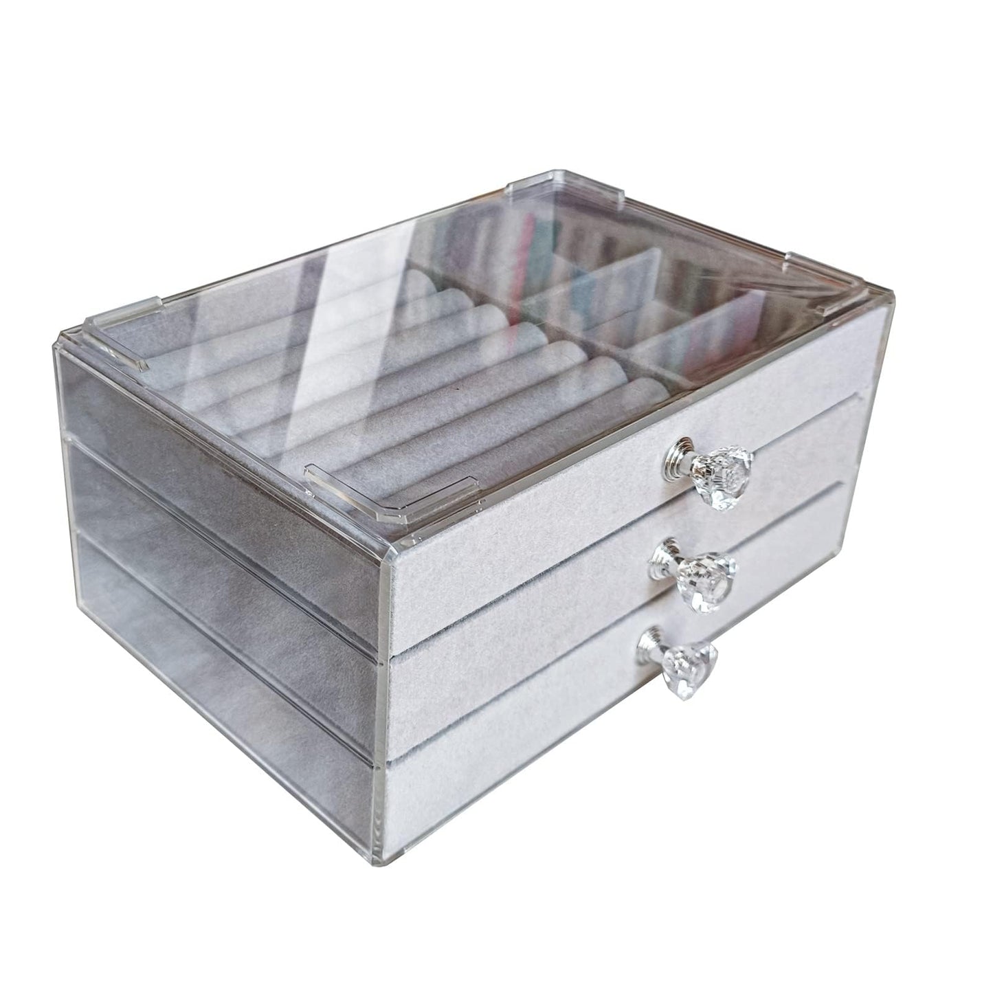 Jemjosh Clear Acrylic Velvet Jewelry Organizer with 3 Drawers, Stackable Display Storage Earrings Necklace Rings Bracelets Box Holder Case for Women, Grey