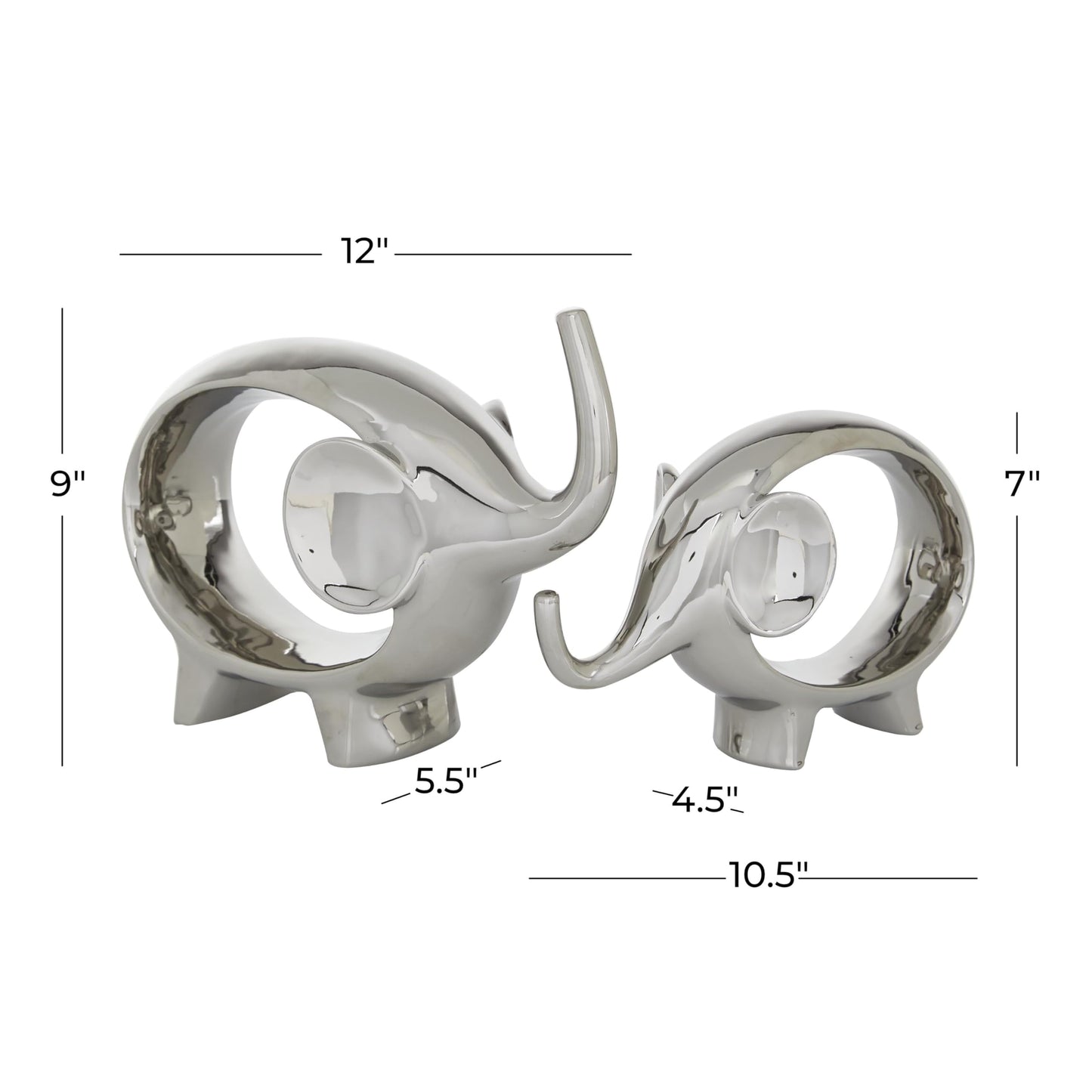Deco 79 Porcelain Ceramic Elephant Decorative Sculpture Home Decor Statues, Set of 2 Accent Figurines 7", 9"H, Silver