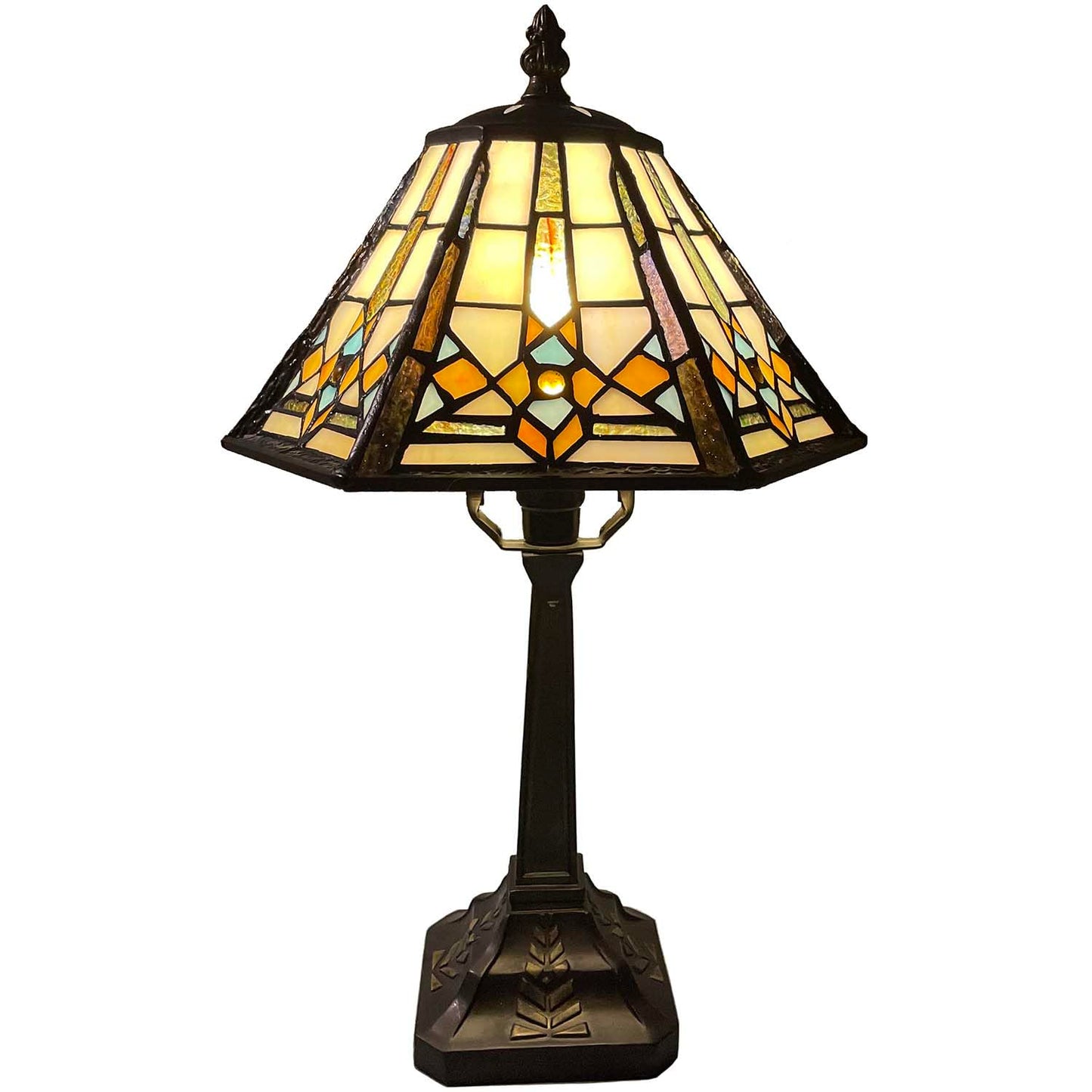 Bieye L10791 Mission Style Table Lamp Tiffany Stained Glass Night Light with Hexagonal Cone Lampshade, 10" W x 16" H