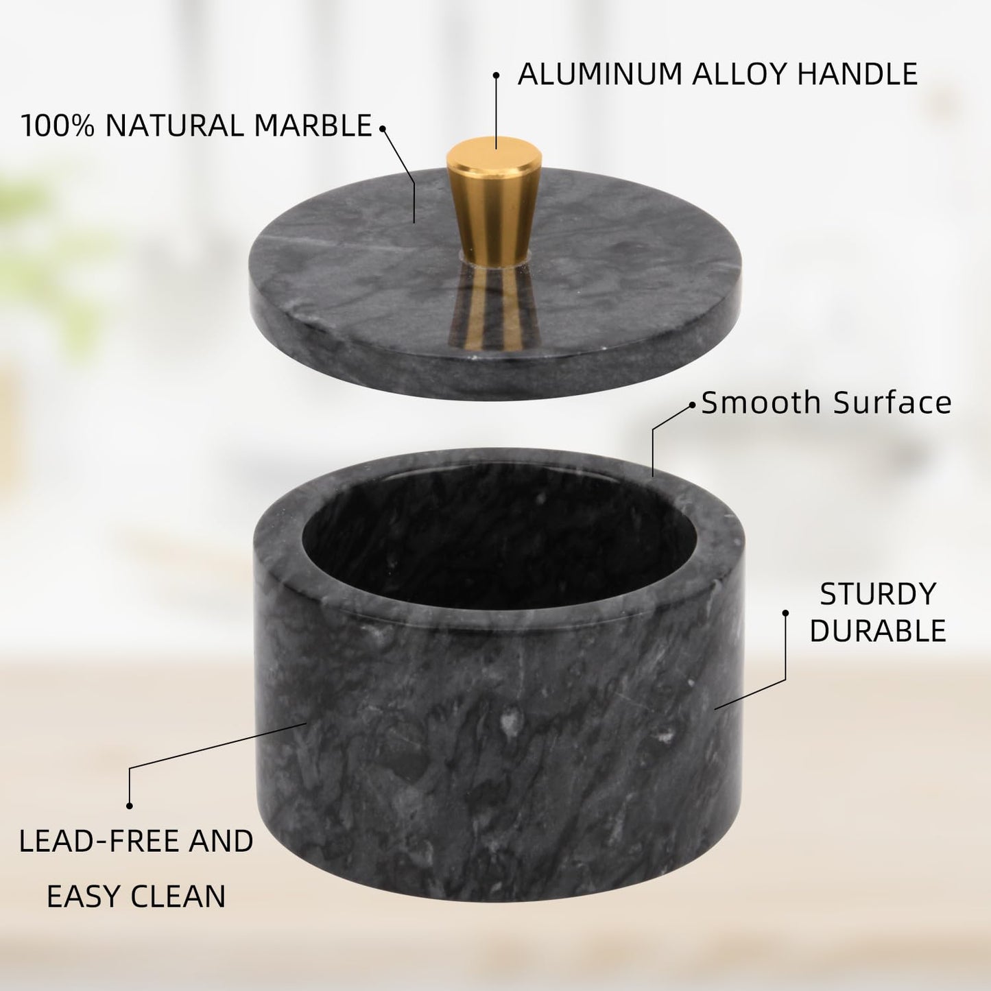 Stonemanus Marble Salt Cellar with Lid, 4 inch Natural Stone Salt Pepper Box, Alloy Lid for Kitchen Countertop Storage (Dark Grey, 4 * 3.5)