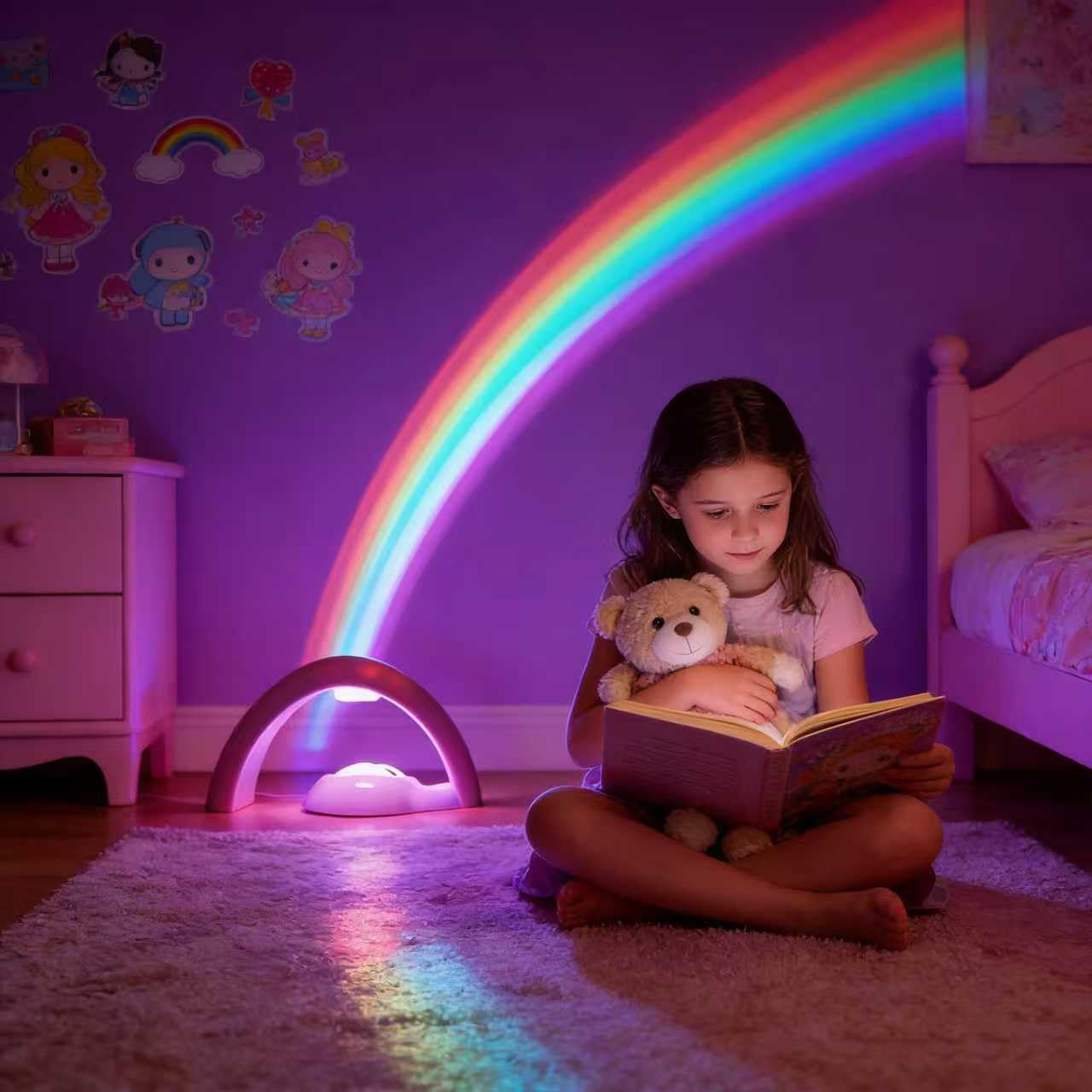 Rainbow Projector Night Light for Kids Bedroom, USB/ Battery Powered LED Rainbow Lamp with 10-Min Auto-Off Sleep Timer, Rainbow Projection Signs Wall Decor Birthday Gifts for Girls Boys Toddler