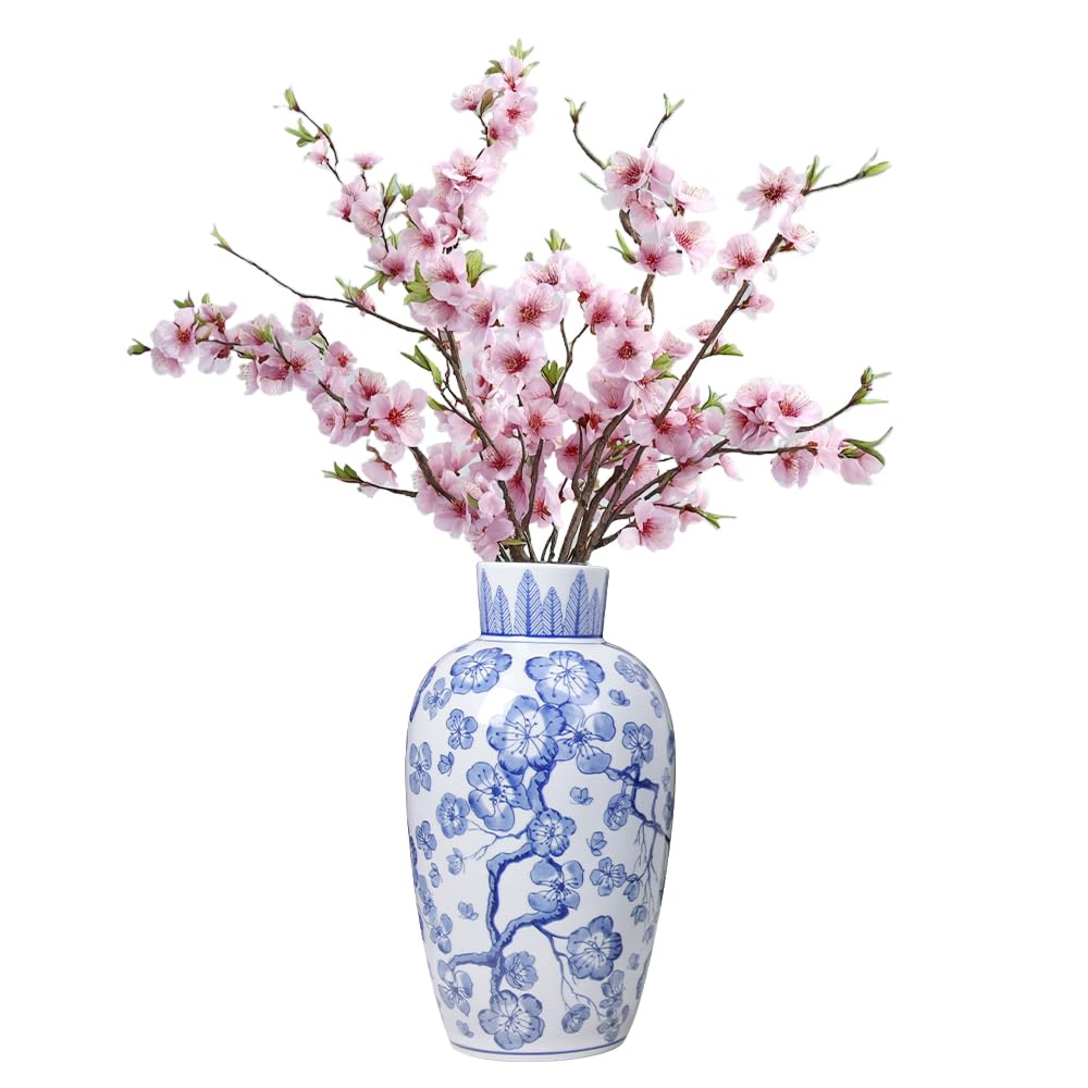 Andaliz Blue and White Ceramic Vase 13.2 Inch, Hand-Painted Floral Plum Blossom Design, Large Floor Vase for Living Room, Entryway Home Décor