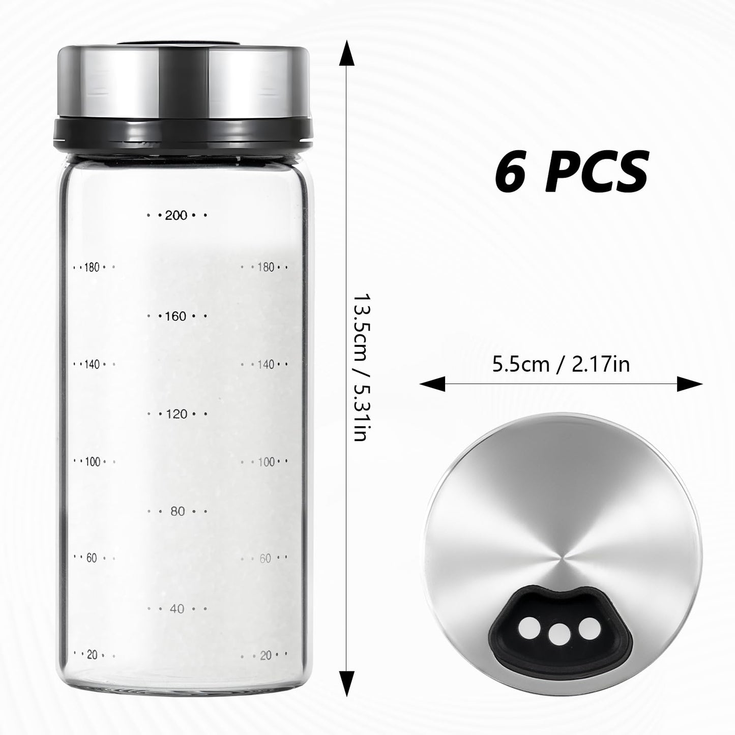 6 Pack Glass Spice Jars, 7 oz Salt and Pepper Shakers with Adjustable Pour Holes - for Seasonings, Herbs, Powders, Glitters