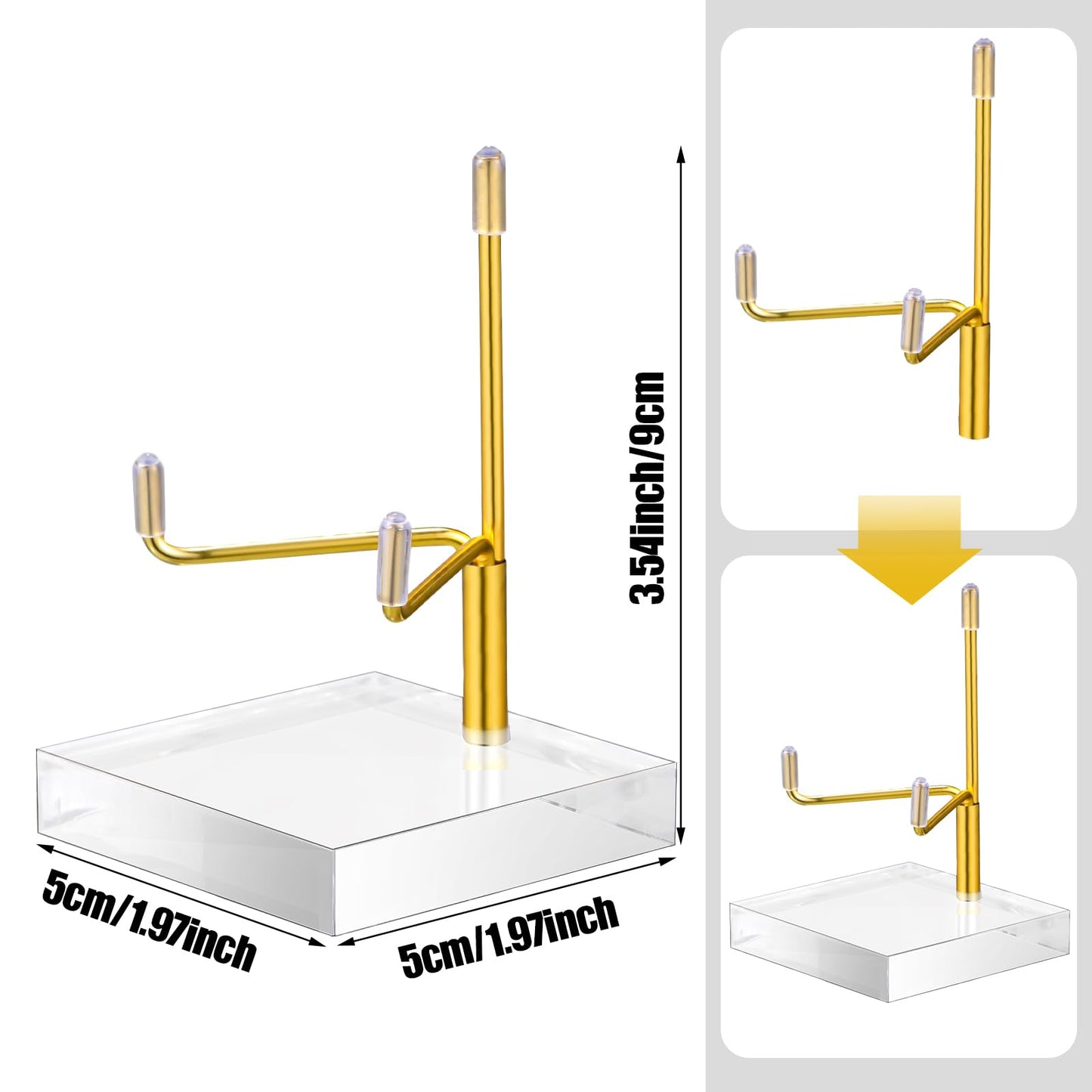 Kigley 8 Pcs Adjustable Metal Arm Display Stand Crystal Holder Easel Display with Acrylic Base Easel Rock Mineral Stand for Geodes Mineral Agate Collection(Gold,2 x 2 x 3.5 Inch)