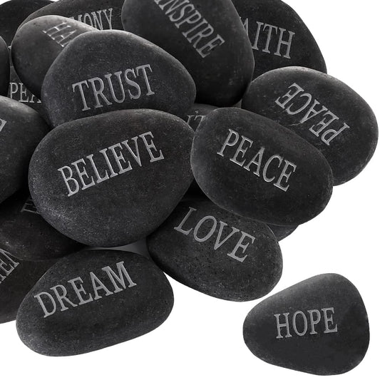 12PCS DIY Rocks for Engraved Inspirational Polished Garden Stones, Natural Encouragement Personalized Healing Decor River Stone - Unique Gift for Friends Arts Crafts (12 Different Words) (Black)