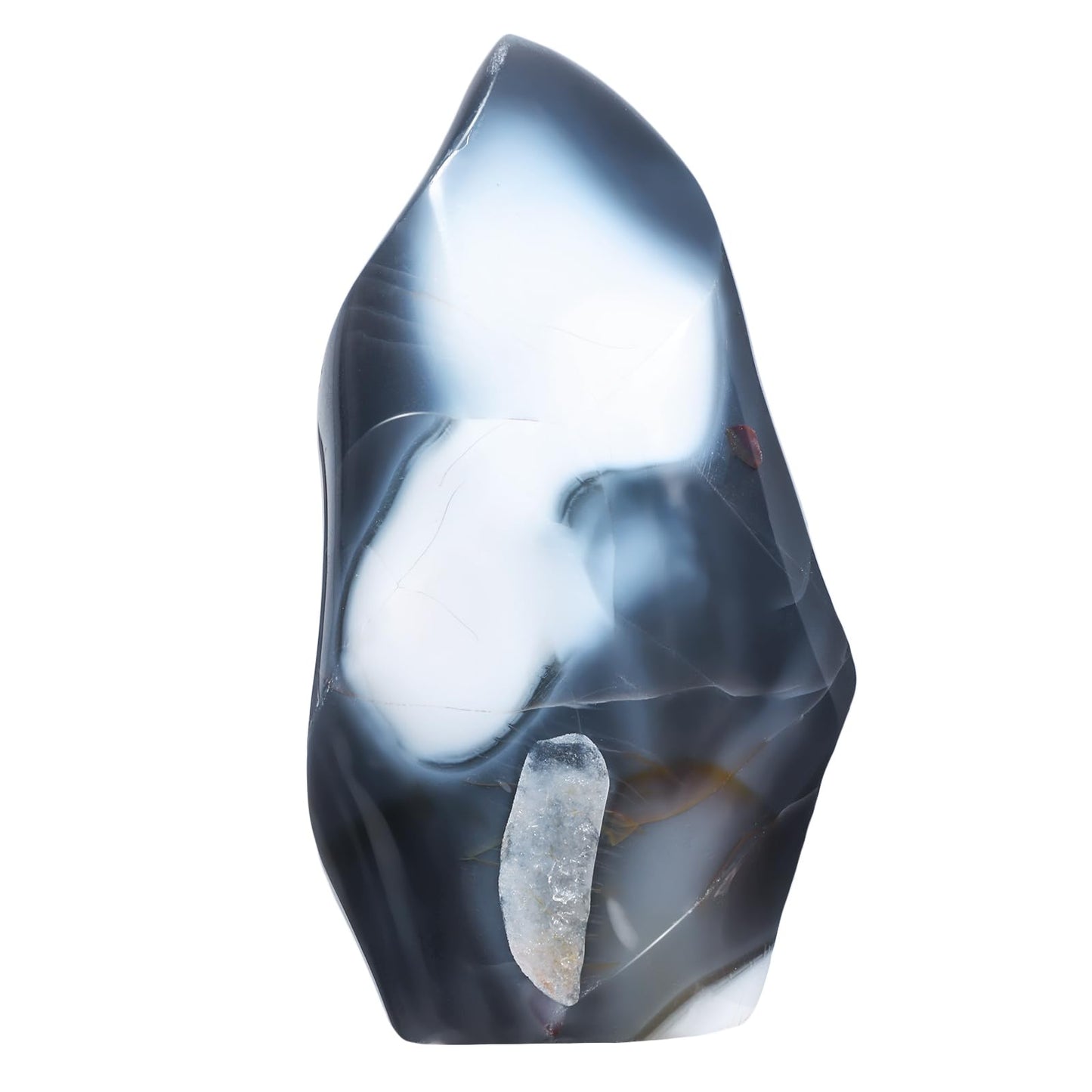 SUNYIK Natural Orca Agate Flame Shaped Tower, Reiki Healing Crystal Obelisk Torch Collectible Rock for Positive Energy Home Office Decoration, 300-400g