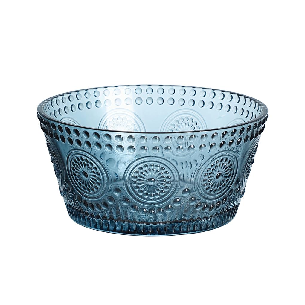 WAIT FLY Embossed Sunflower Glass Bowl Salad Bowl Candy Dish, 11 OZ-Blue