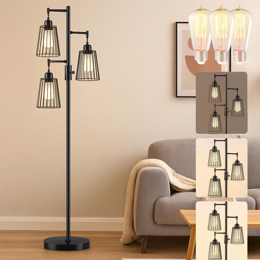 PESRAE Dimmable Industrial Floor Lamp, Farmhouse Floor Lamp Standing Lamp with 3 Elegant Teardrop Cage Heads & Included 3 x 1200LM Edison LED Bulbs, Tall Lamp for Living Room, Bedroom (Matte Black)