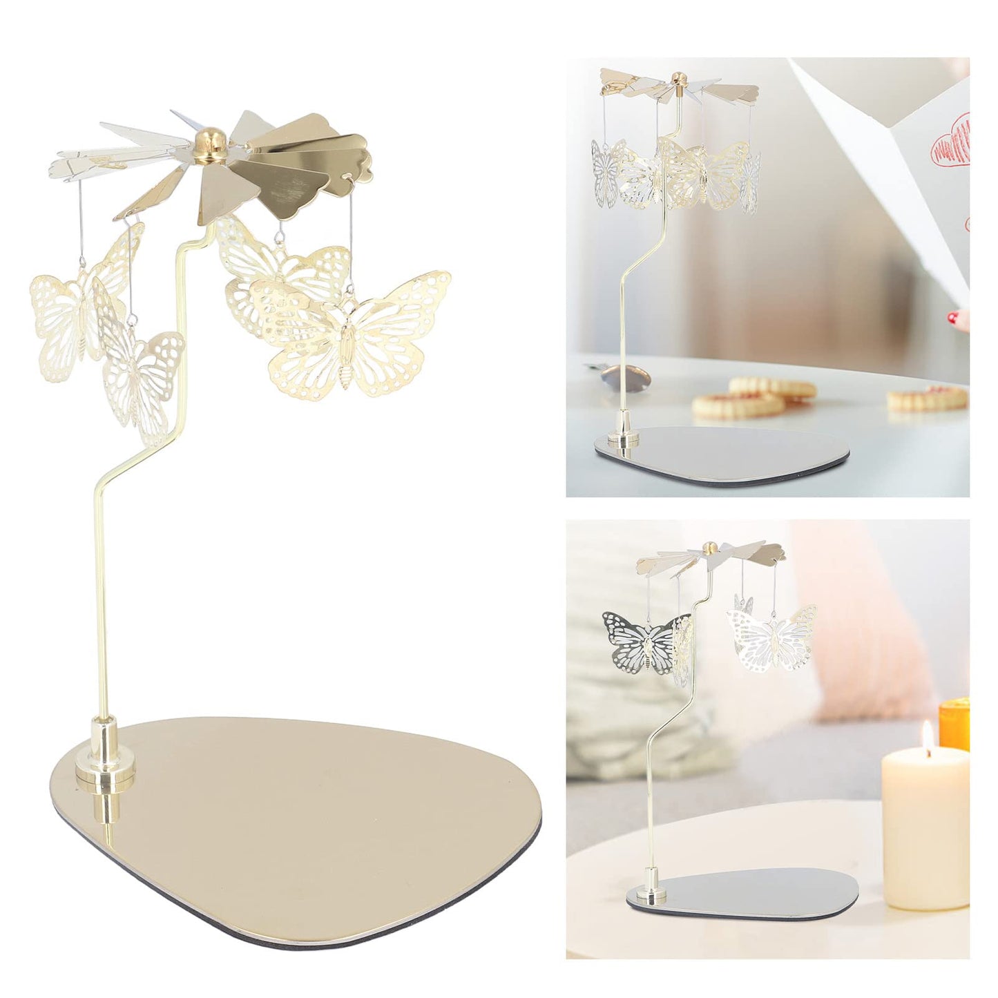 Omabeta Candle Holder, Round Triangle Tray Romantic Stainless Steel Rotating Aromatherapy Wind Chime Candle Holder for Home Decoration, Wedding, Party, Cafe(#3)
