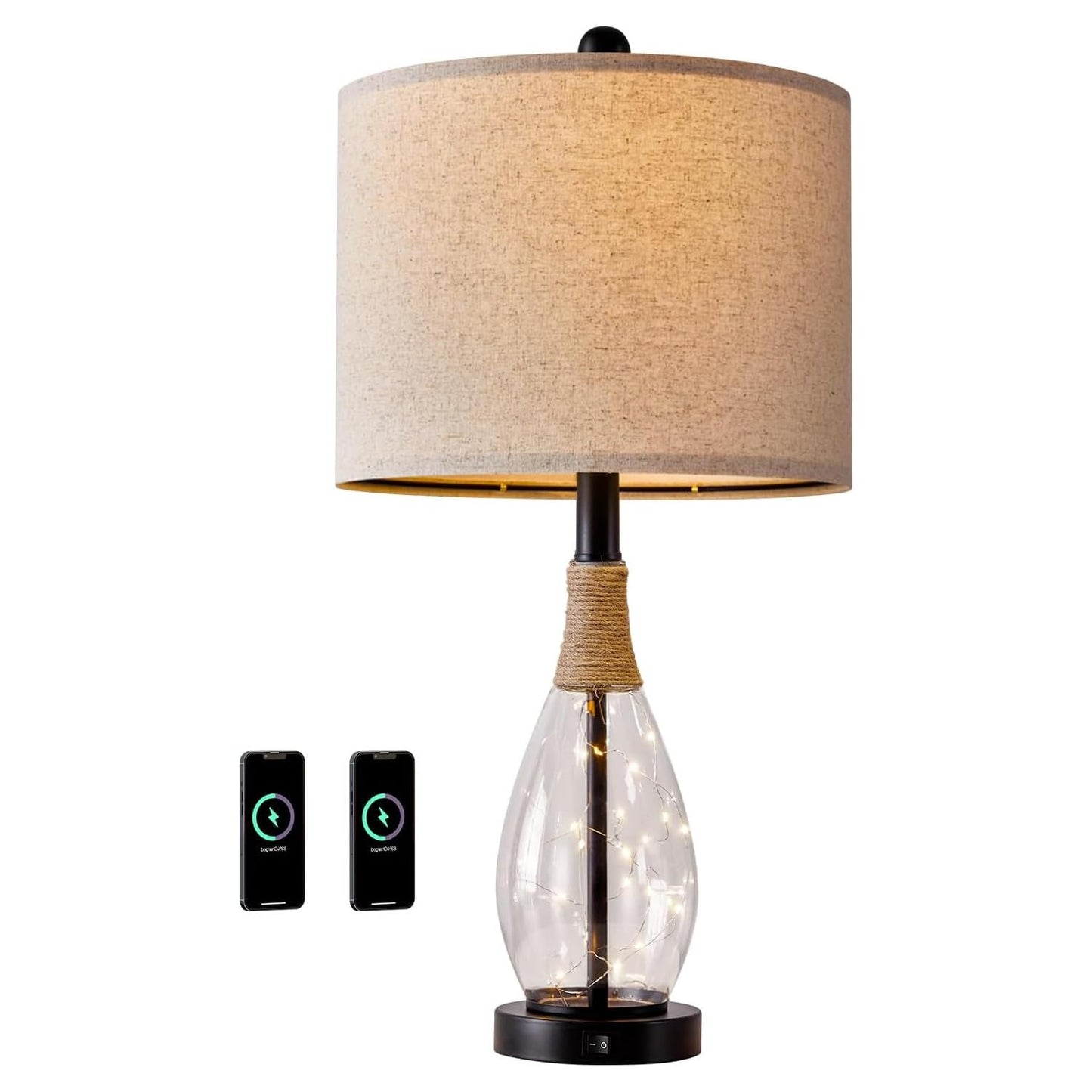 OYEARS Bedside Table Lamp with USB, 23‘’ Black Modern Nightstand Lamps for Bedroom, Retro Rattan Table Lamps for Night Stands, Living Room, Farmhouse Table Lamp with Glass Nightlight Lamps