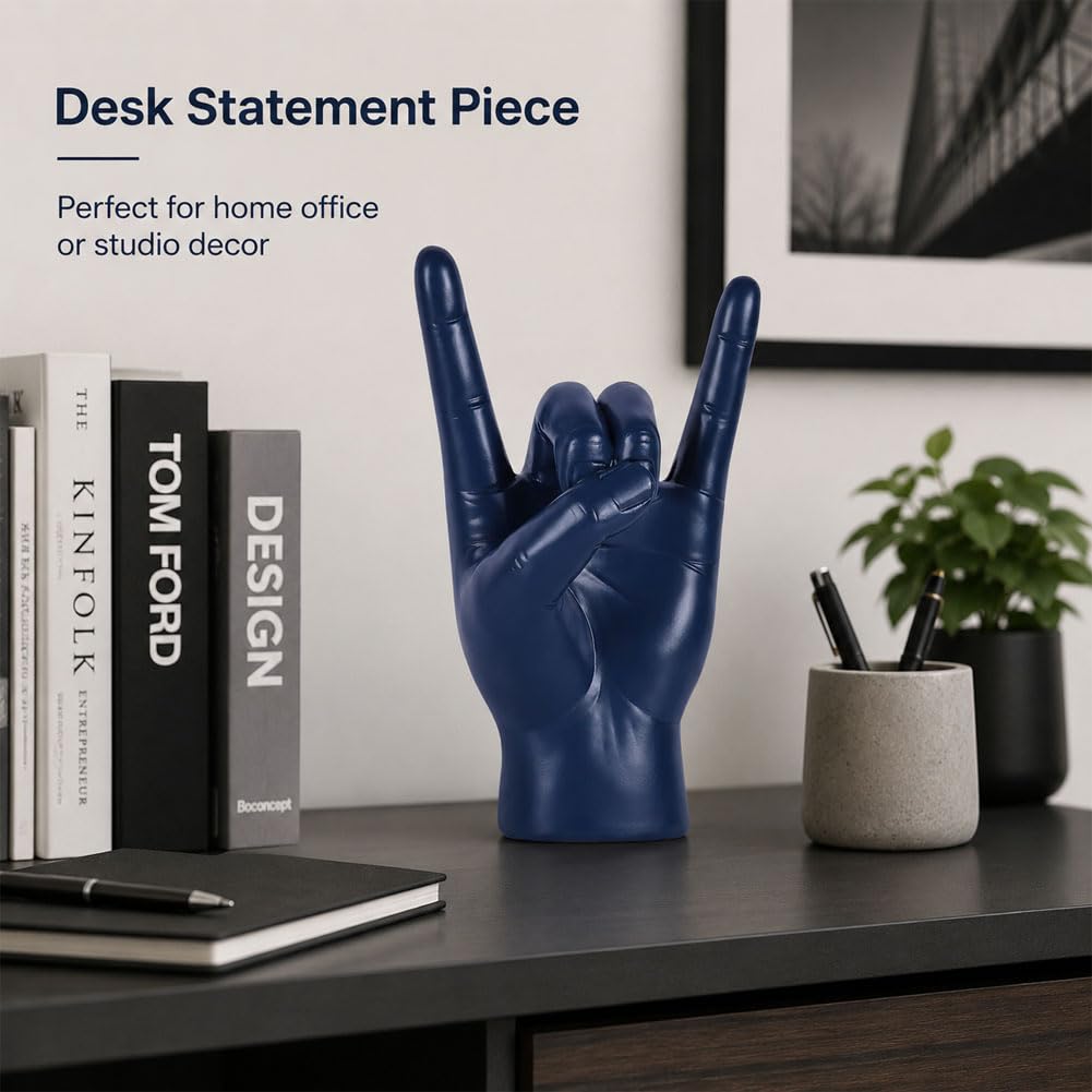 QIANLING 7.7" Blue Resin Rock On Hand Gesture Statue - Rock Culture Music Lovers' Decorative Tabletop Sculpture for Bookshelf, Desk & Mantel Decor in Home or Office, Modern Symbolic Figurine