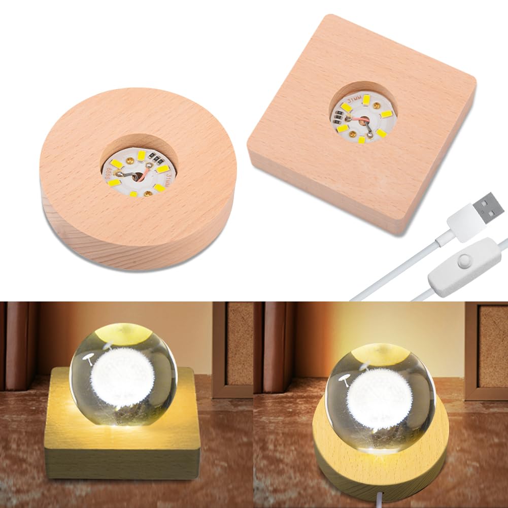 Quivorant 4pack LED Light Base, Round & Square Crystal Display Base for Glass Art/Acrylic, 3D Crystal Ball Wooden Lights Display, Warm Light Resin Art Pedestal Plate(3.2inch)