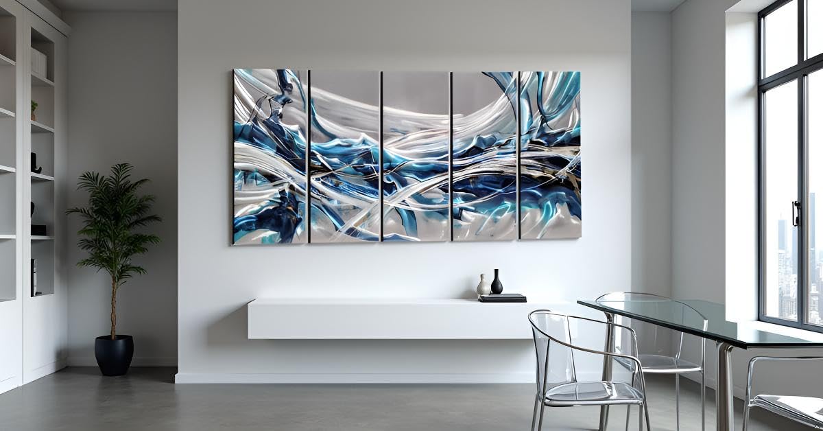 Yihui Arts Large 3D Hand Crafted Abstract Blue Aluminum Metal Wall Art for Bathroom, Kitchen, Dinning Decor