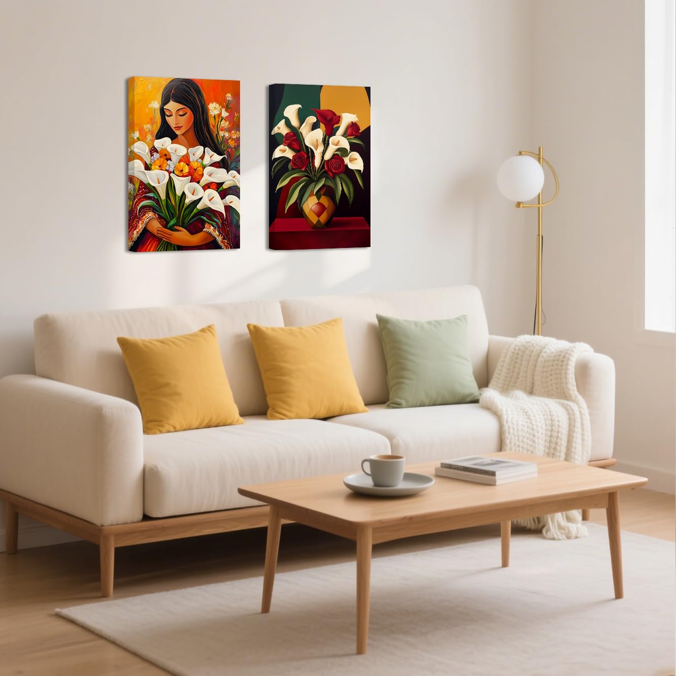 BJYCHG Calla Lily Canvas Wall Art 2 Pieces Calla Lilly Woman Art Prints Vintage Mexican Girl Flower Vase Picture Red and White Floral Painting for Bedroom (Brown, 11x14inchx2 Pieces)
