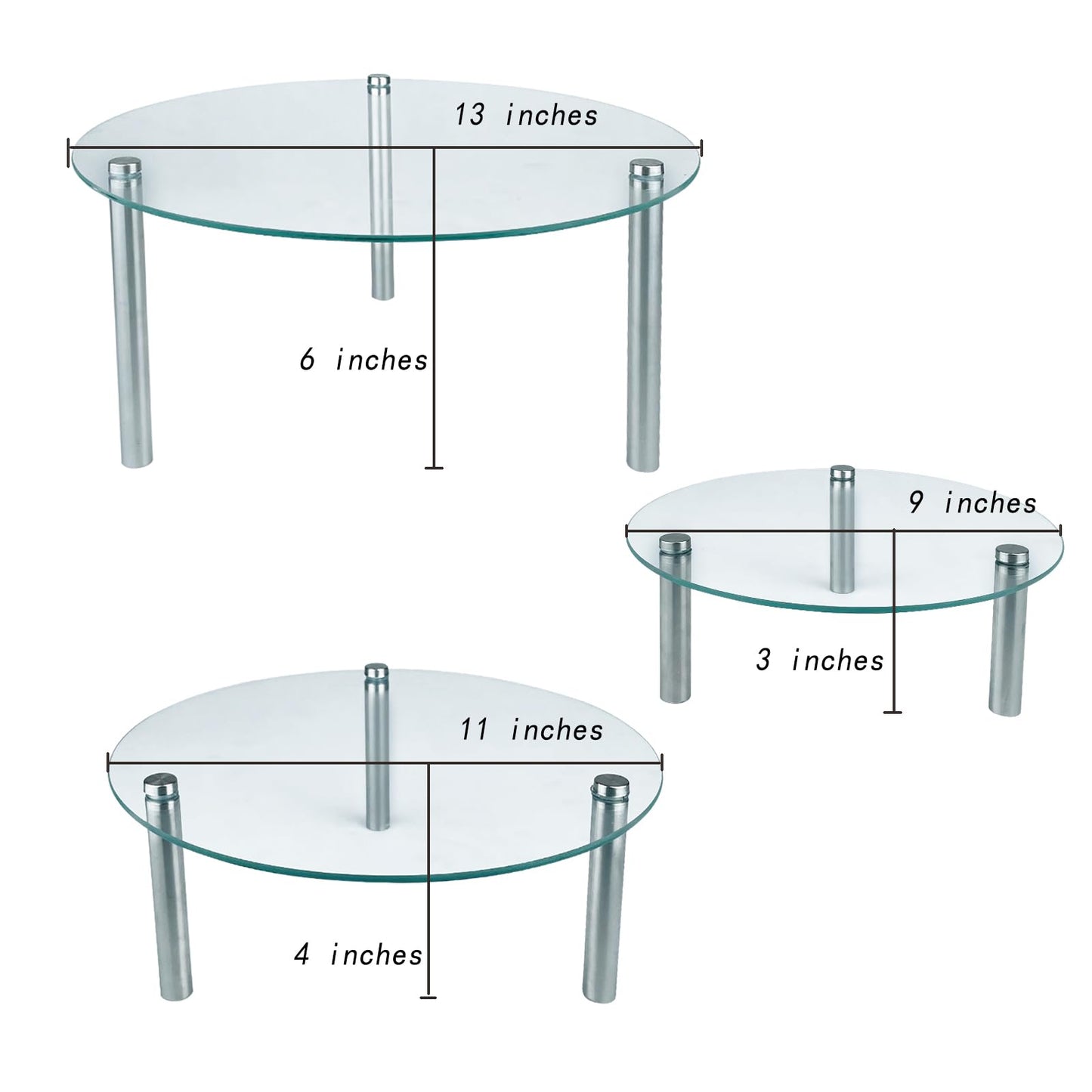 3 Piece Tempered Glass Display Stands Set, 3 Tier Clear Countertop Organizer Risers with Stainless Steel Legs, 9'' 11'' 13'' Round Display Shelves for Kitchen, Bathroom, Vanity and Retail Display