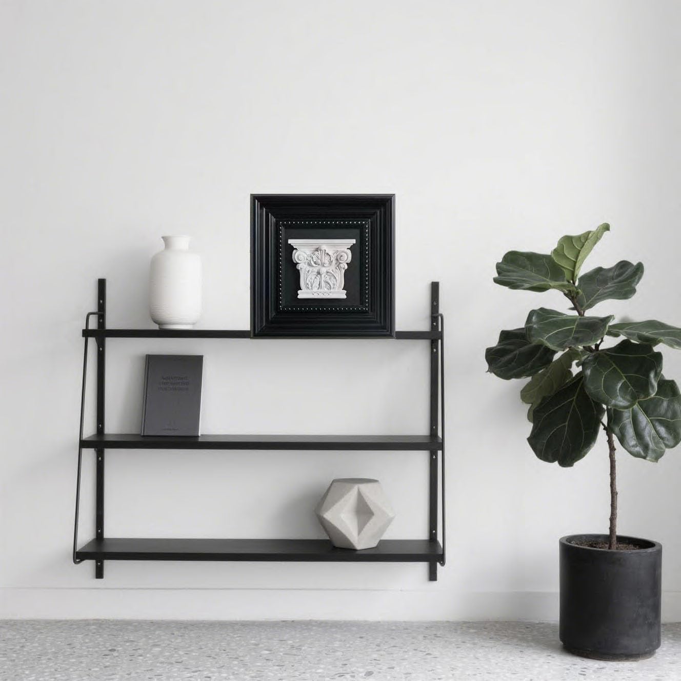 Elegant Black Framed Plaster Wall Art — 3D White Plaster Architectural Accent in Classic Frame, Small Decorative Shelf & Wall Decor for Living Room, Office, Entryway (8.7" x 8.7")
