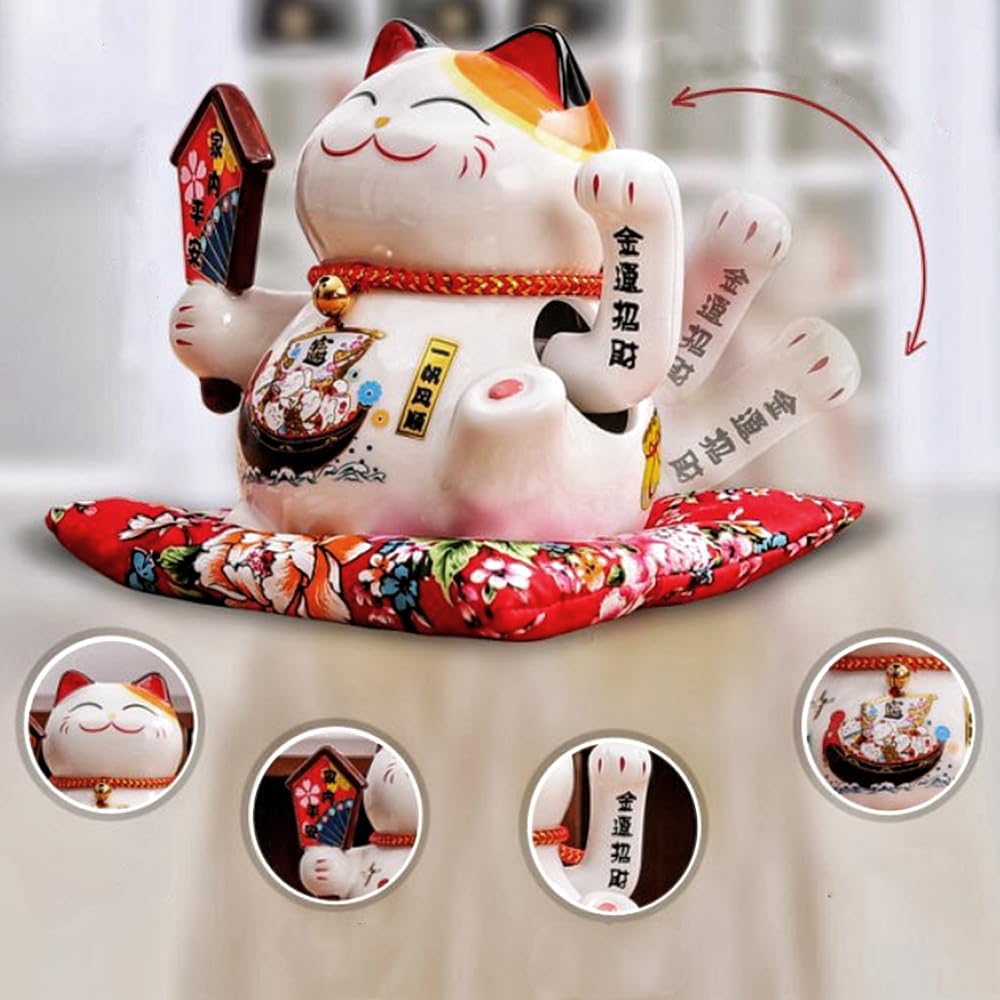 XIYUAN 7 Inch Waving Cat - Ceramic Japanese Lucky Cat, Feng Shui Decorative Desktop Ornament for Home or Office