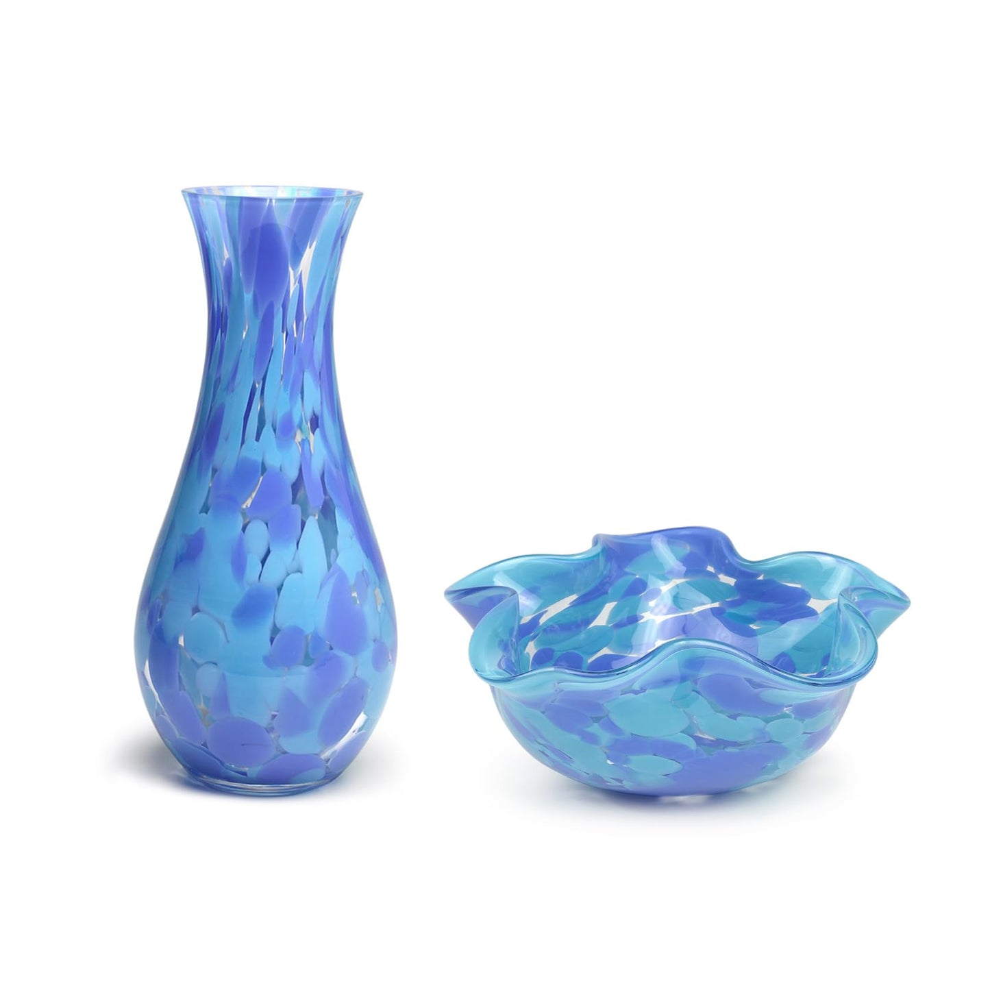 Ca D Oro Blue Glass Vase and Small Waved Bowl Confetti Effect Hand Blown Murano Style Art Glass for Flowers, Room Decoration and Centerpiece Bundle
