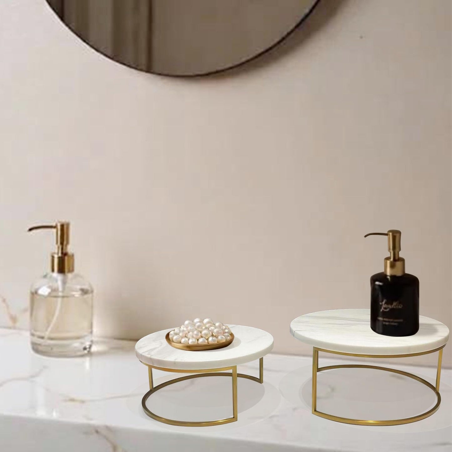 GDAOHELRS 2-Piece Round Marble Cake Stand Set - 9.5 and 7.9 Inch Marble & Gold Dessert Display for Wedding, Party Decor