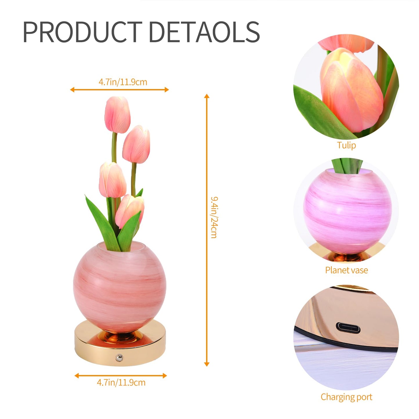 TXGZYBhg Tulip Flower Planet Lamp with Remote Control, Rechargeable Cordless Touch Dimming Artificial Flower Desk Lamp, LED Night Light Romantic Gifts for Girl Women Grandmother (Remote Control)