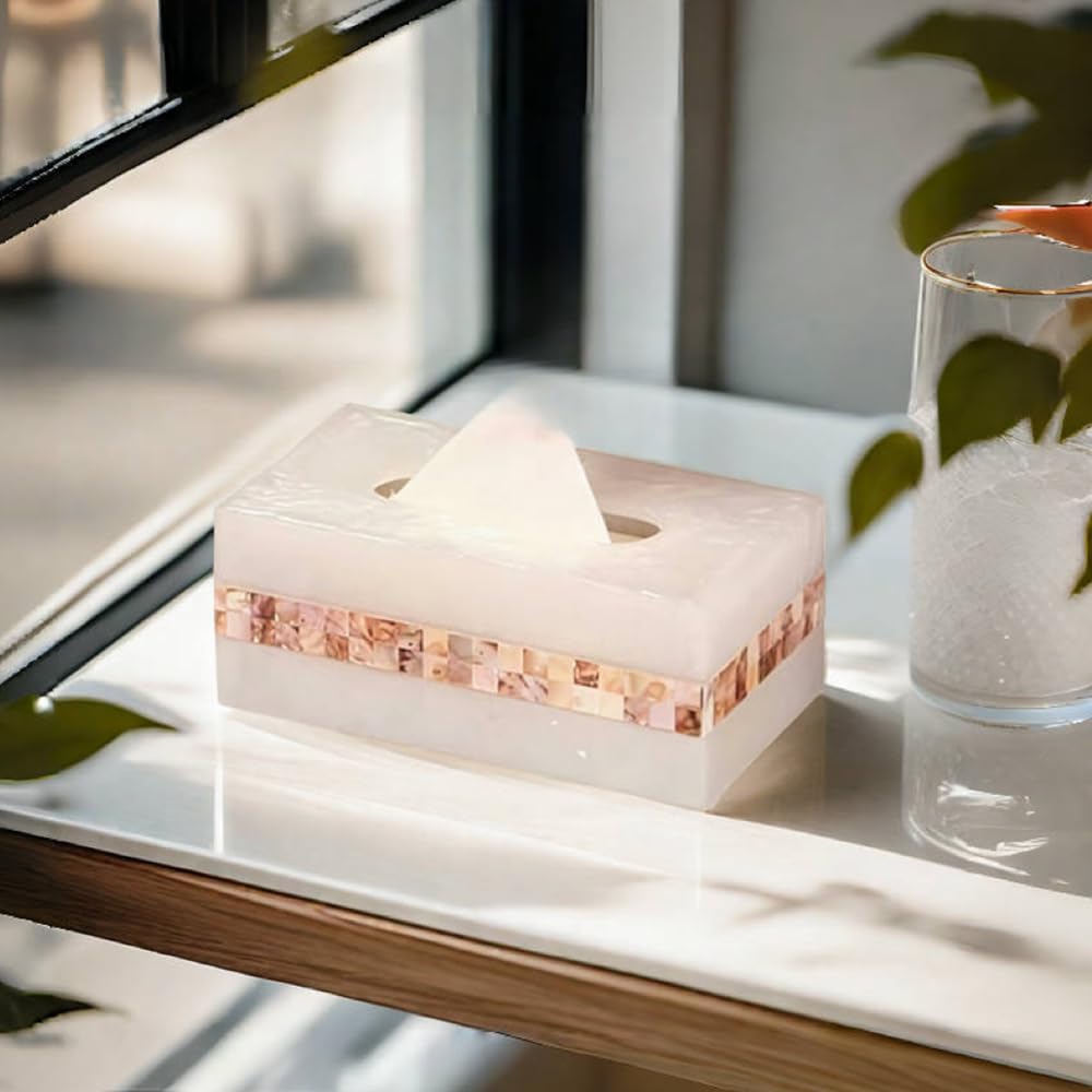 Luxury Tissue Box Cover, Tissue Box Holder,Tissue Holder for Bathroom,Marble Tissue Box Decorative,Set-Rectangular Hand-Polished with Gold Mother-of-Pearl Shells，Villa Gift, Bathroom Accessory Set