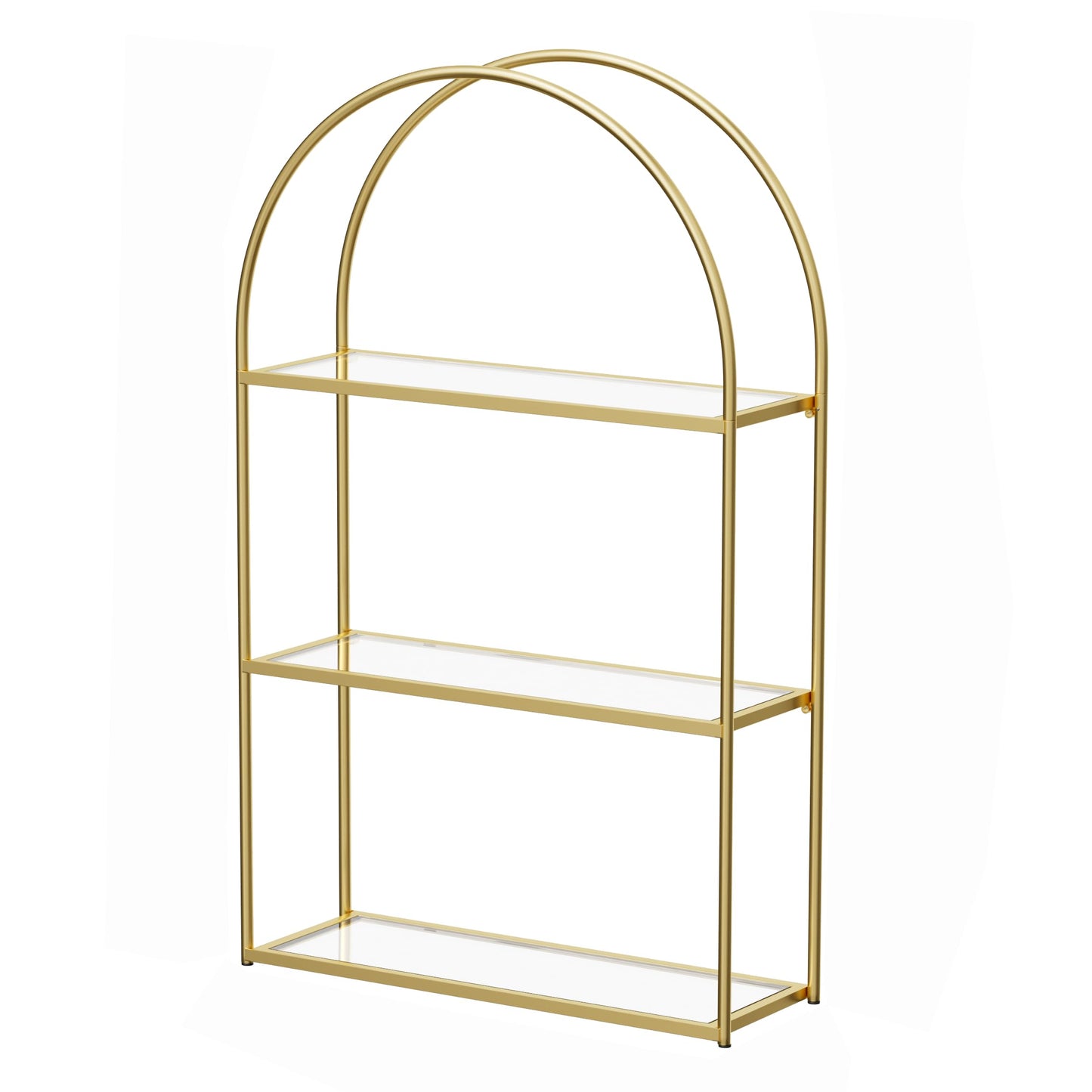 Crofy Gold Arched Frame Wall Shelf, Decorative 3 Tier Bathroom Wall Shelf with Transparent Tempered Glass Shelves and Robust Storage Capacity, 5.1" D x 18.1" W x 28.9" H