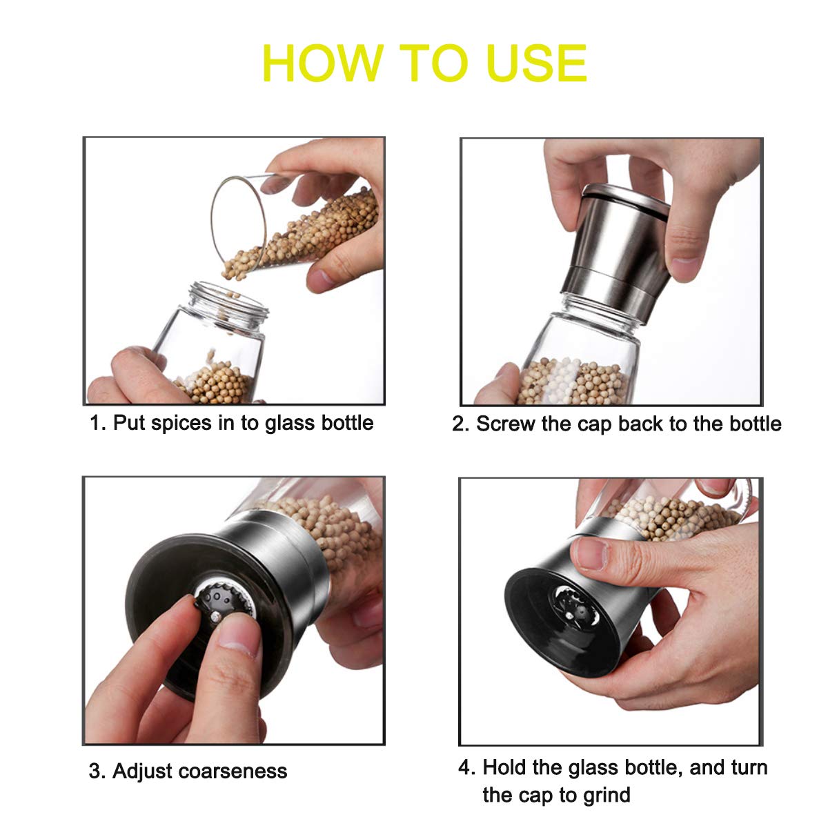 Elegant Pepper and Salt Grinder Set of 2, Best Spice Mill with Brushed Stainless Steel Cap, Ceramic Blades, Adjustable Coarseness, and Refillable Tall Glass Body with 6OZ Capacity (7.5").
