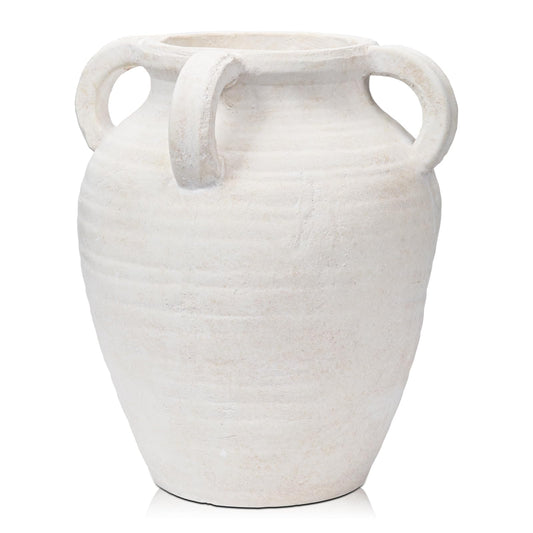 Handcrafted Flower Vase, 9.8" Tall Terracotta Vase, Vintage White Ceramic Vase, Rustic Antique Decor with 4 Handles, Wide Mouth, Matte Finish for Home Office Resto Café Décor