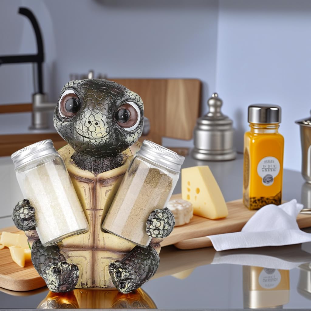 Cute Sea Turtle Salt and Pepper Shaker Holder with Glass Jars – Nautical Resin Spice Caddy for Kitchen Table & Coastal Decor, Cute Farmhouse Kitchen Decor Accent