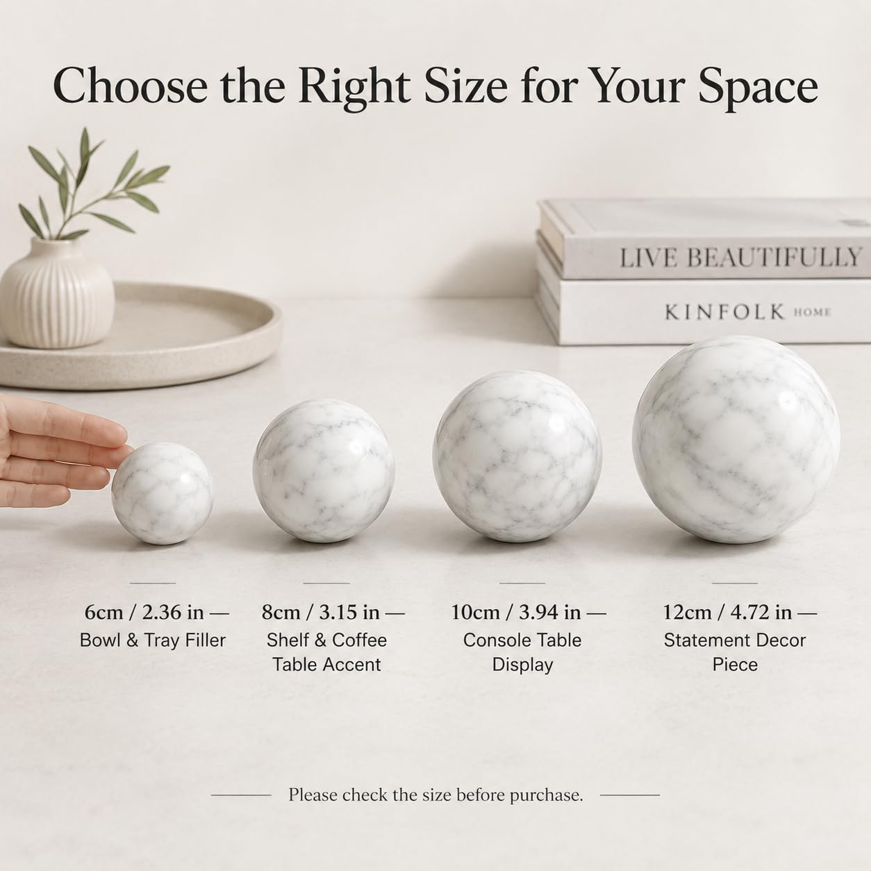 SIRIZEN-DIVING White Marble Decorative Sphere, 12cm Natural Stone Orb